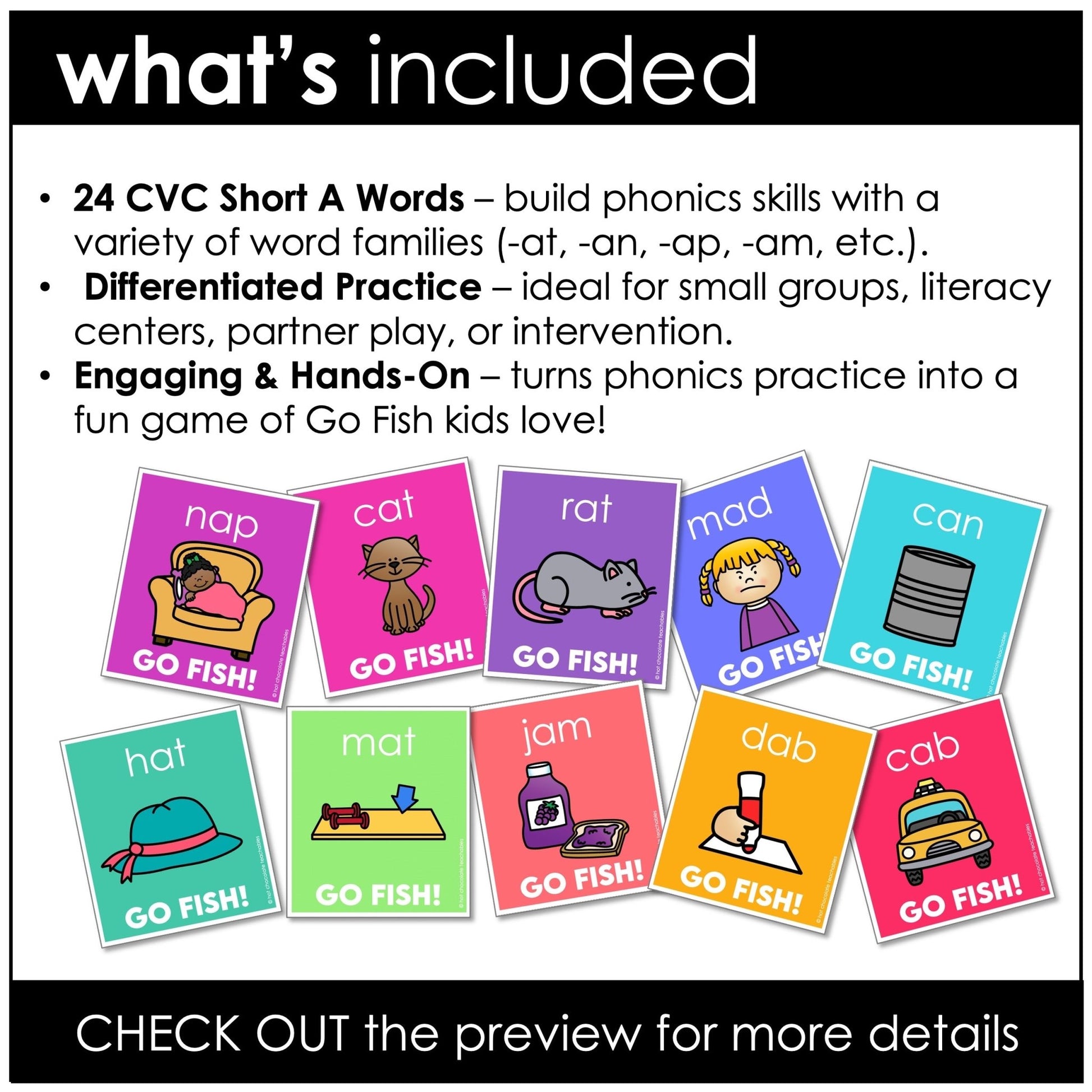 Go Fish Literacy Game – CVC Short Vowel A Words with Picture Support - Hot Chocolate Teachables