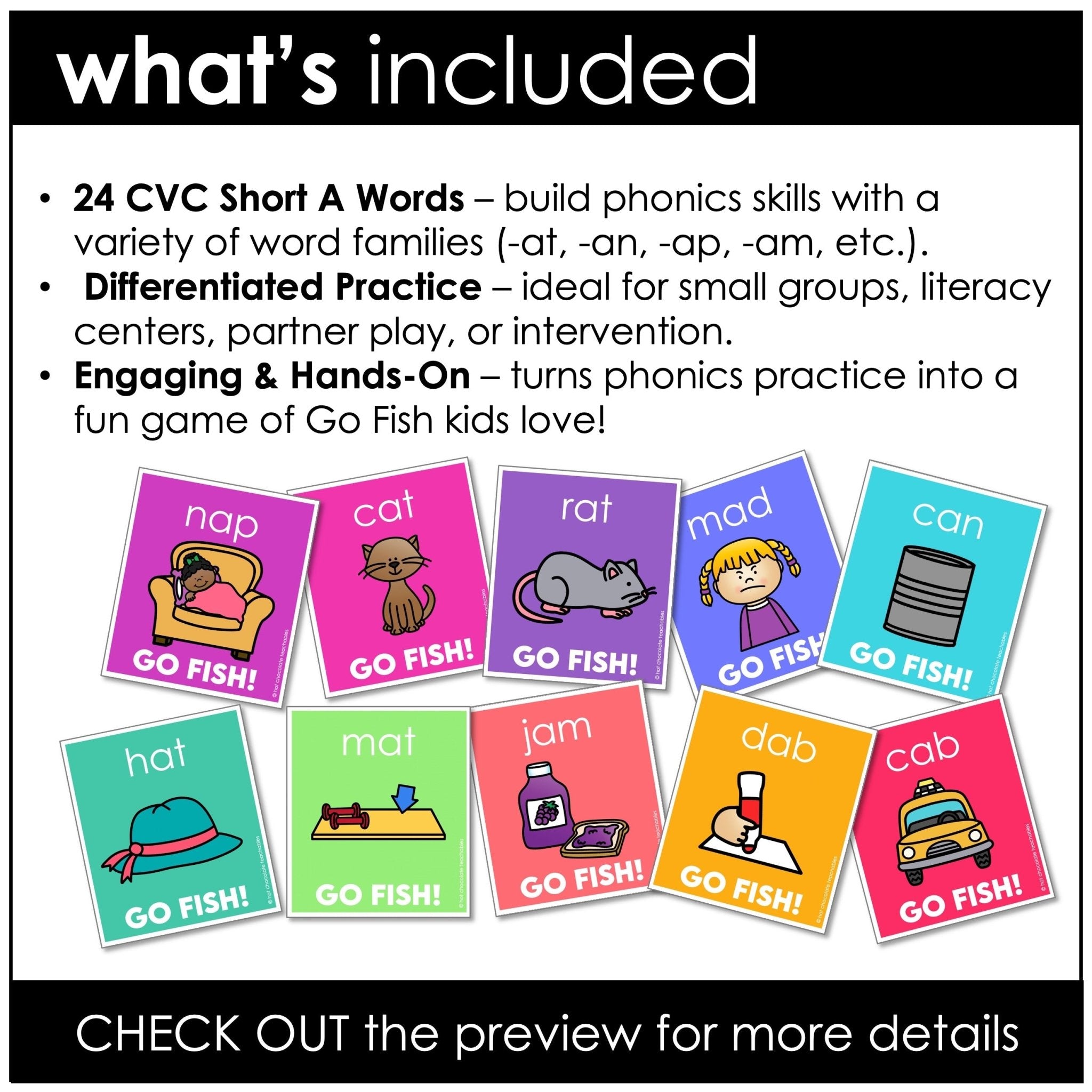 Go Fish Literacy Game – CVC Short Vowel A Words with Picture Support - Hot Chocolate Teachables