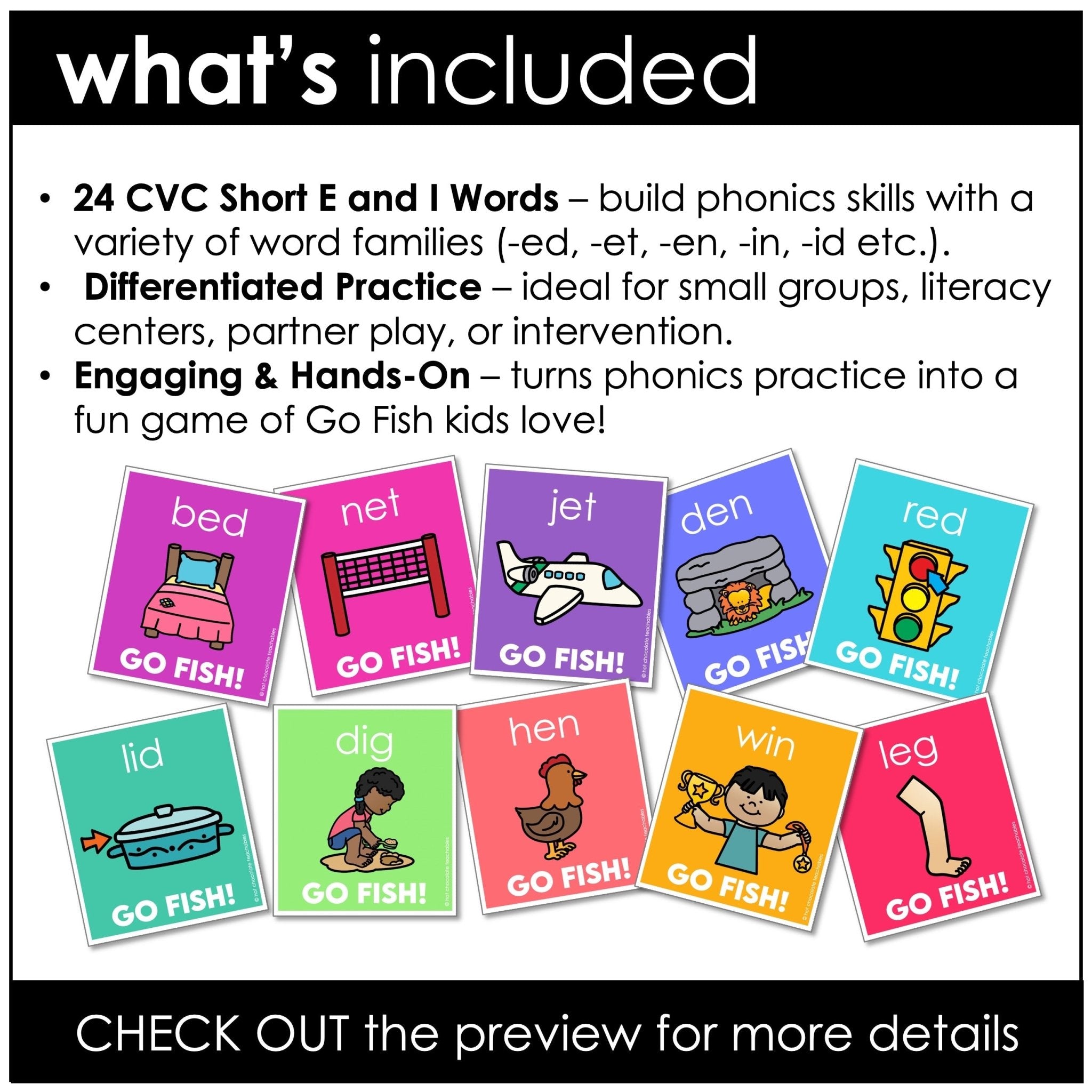 Go Fish Literacy Game – CVC Short Vowel E & I Words with Picture Support - Hot Chocolate Teachables