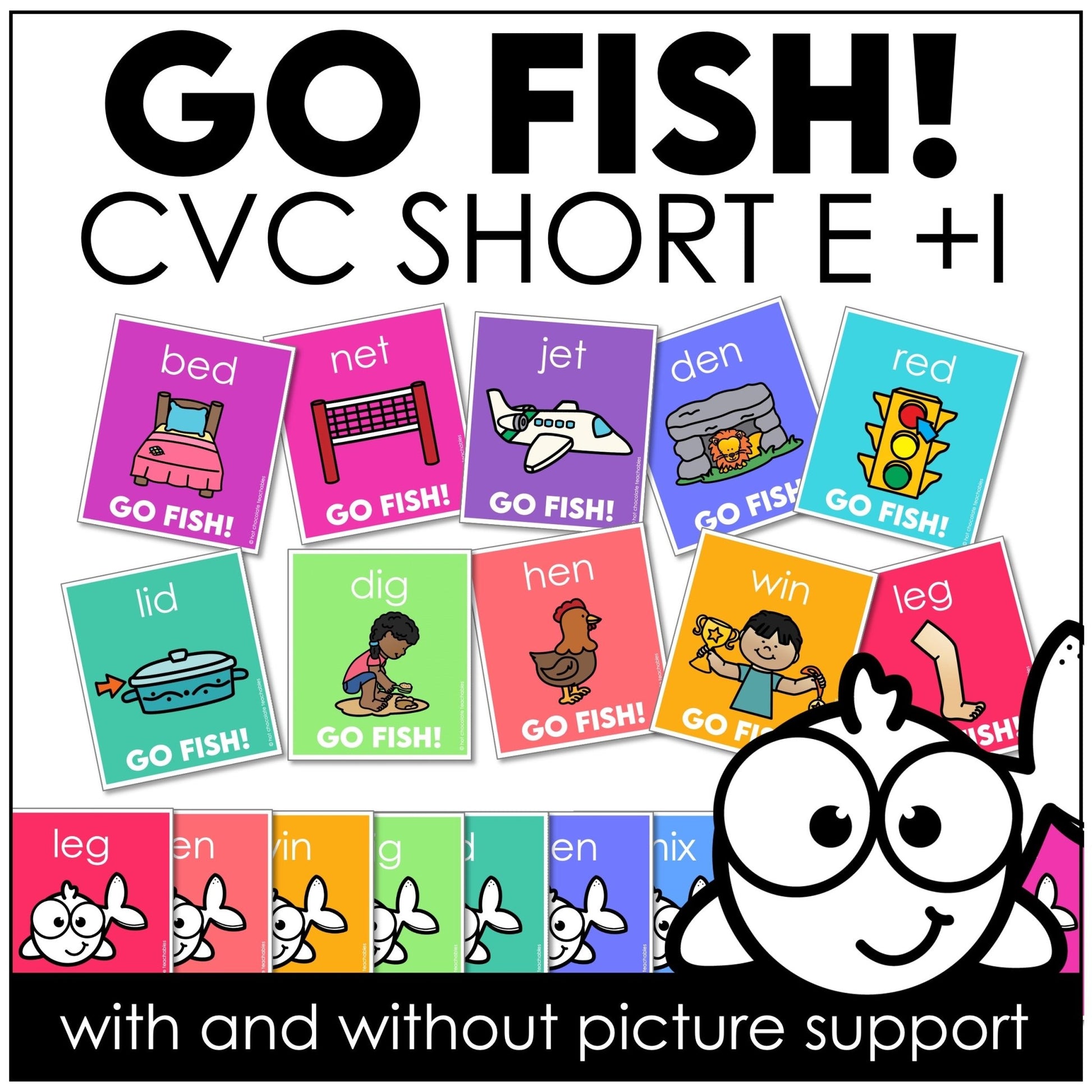 Go Fish Literacy Game – CVC Short Vowel E & I Words with Picture Support - Hot Chocolate Teachables