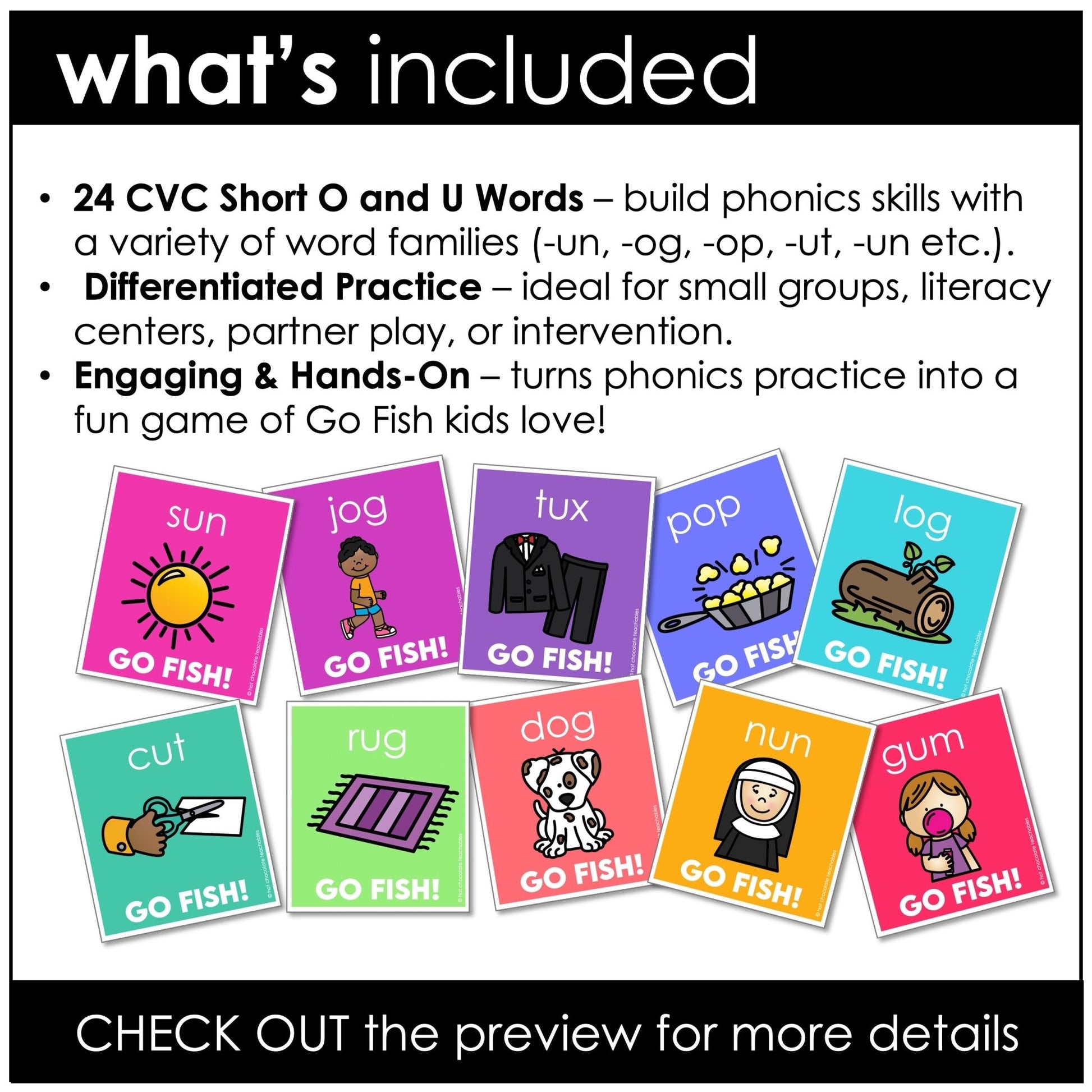 Go Fish Phonics Game – CVC Short Vowel O & U Words for Reading Fluency - Hot Chocolate Teachables
