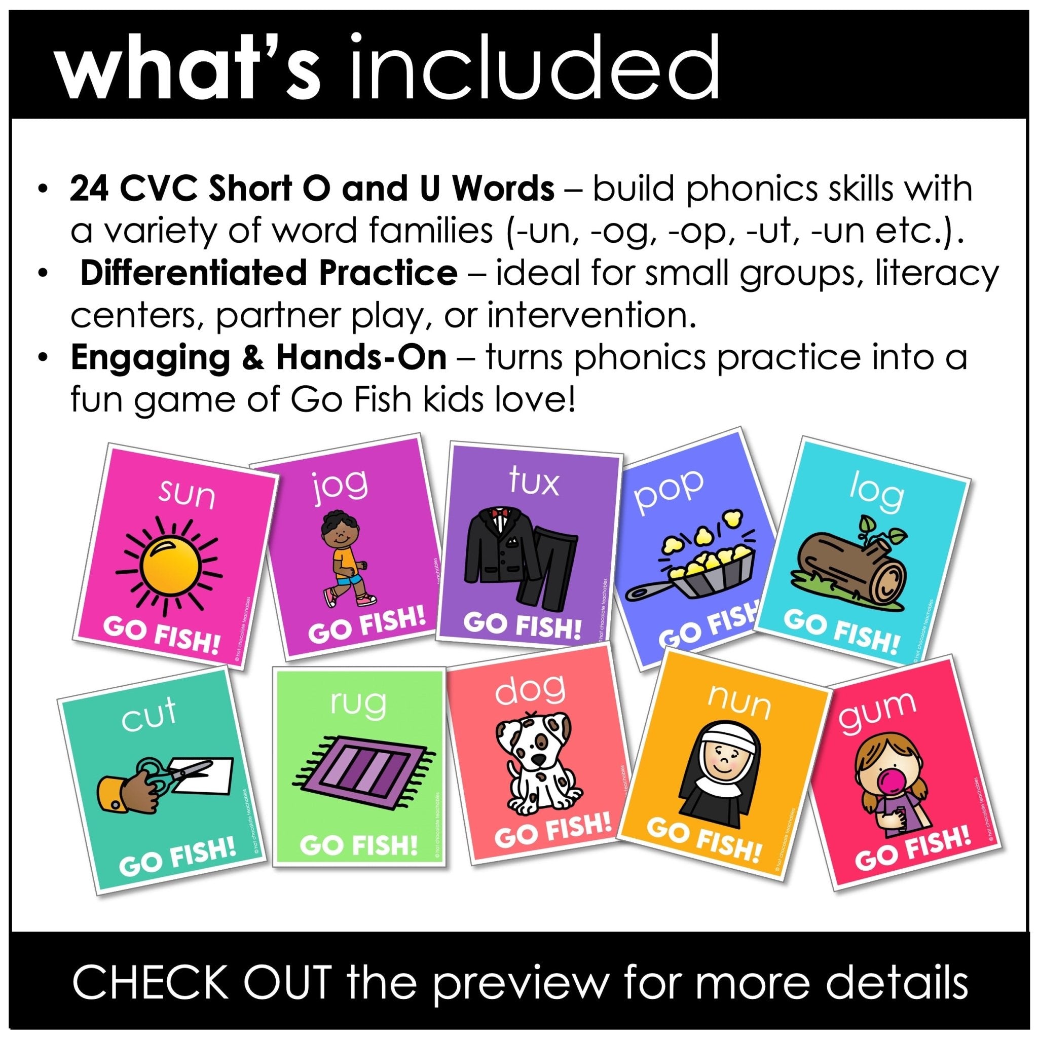 Go Fish Phonics Game – CVC Short Vowel O & U Words for Reading Fluency - Hot Chocolate Teachables