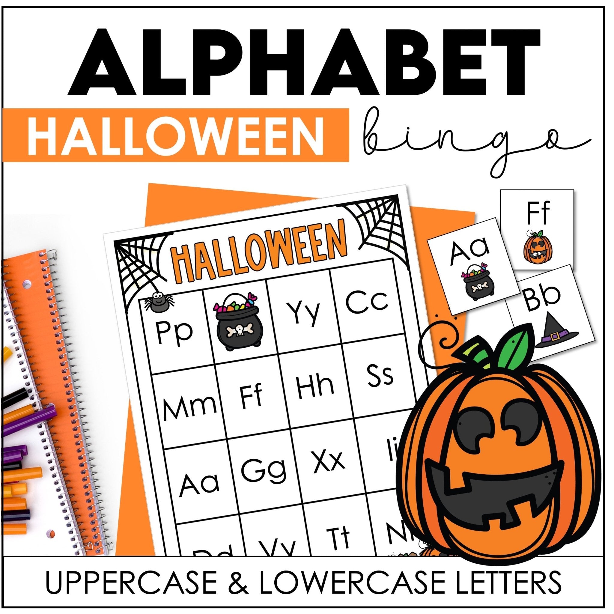 Halloween Alphabet Bingo Game – Uppercase & Lowercase Letters A–Z - Hot Chocolate Teachables