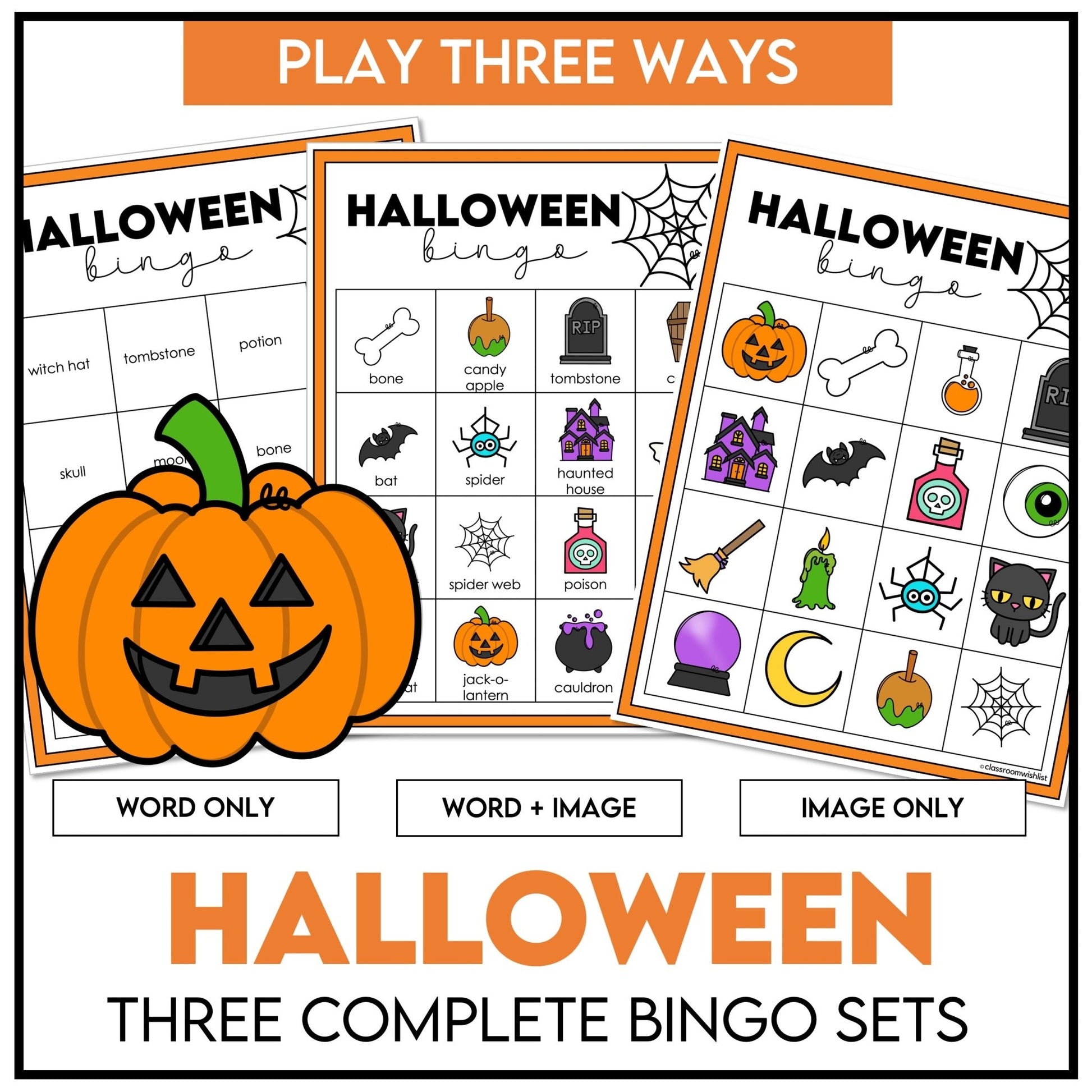 Halloween Bingo Game – 3 Complete Sets with Words & Pictures for ESL/ELL - Hot Chocolate Teachables