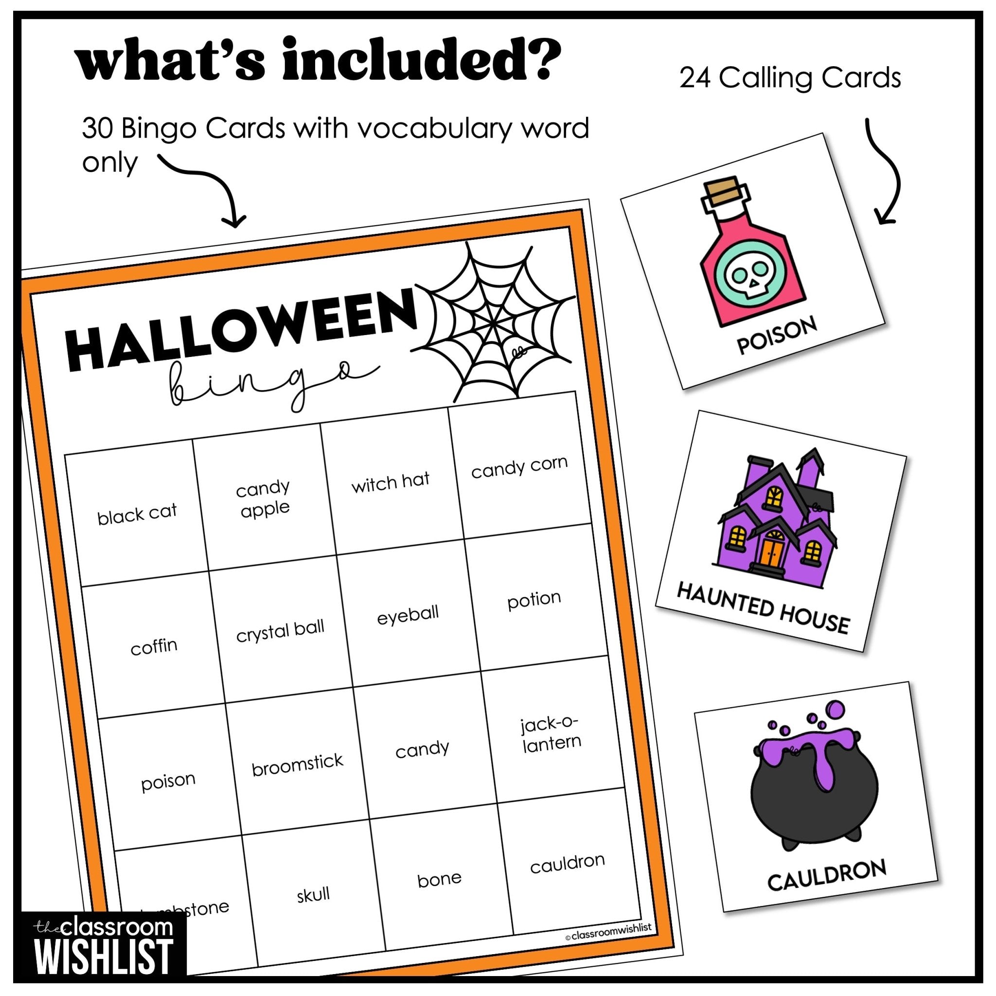 Halloween Bingo Game – 3 Complete Sets with Words & Pictures for ESL/ELL - Hot Chocolate Teachables