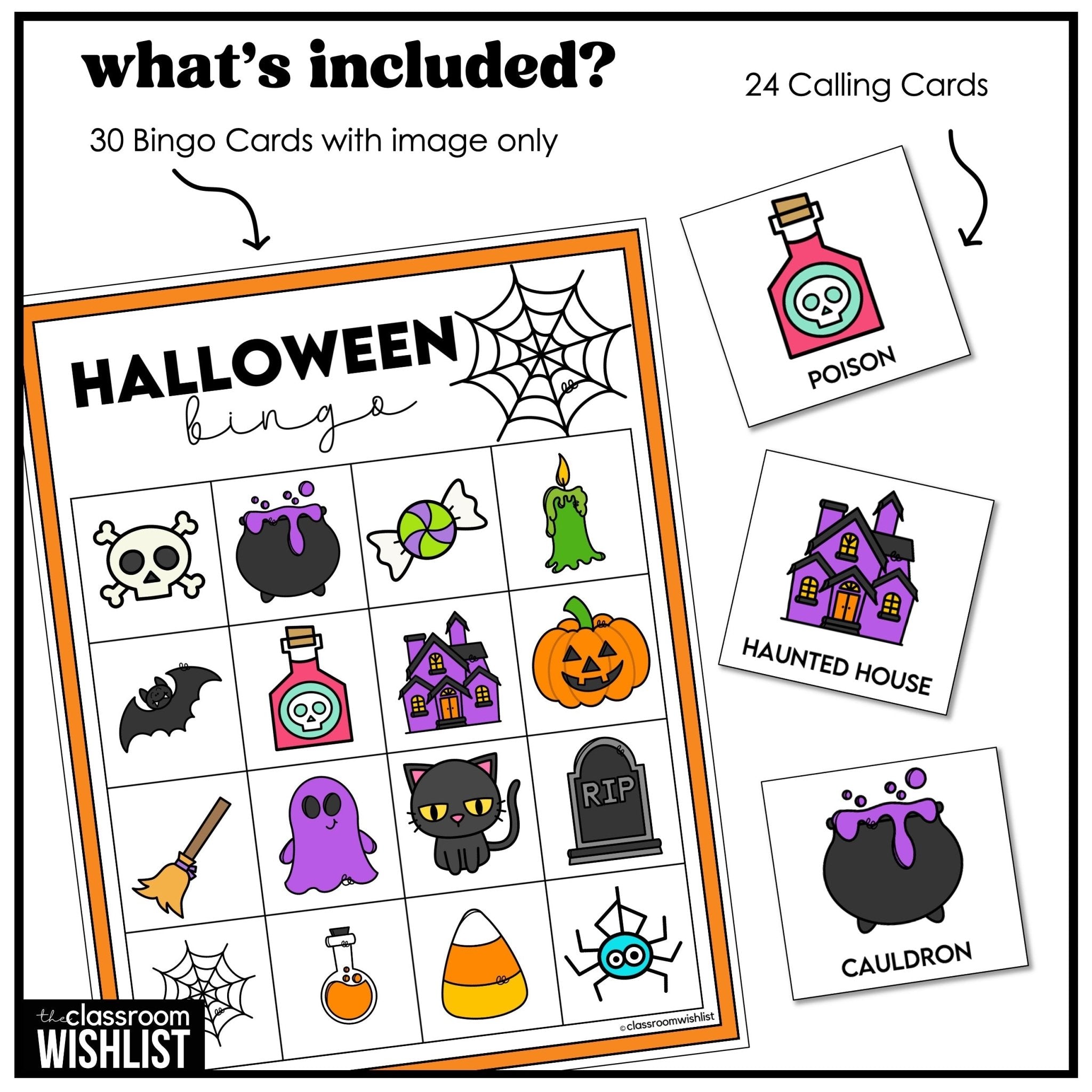 Halloween Bingo Game – 3 Complete Sets with Words & Pictures for ESL/ELL - Hot Chocolate Teachables