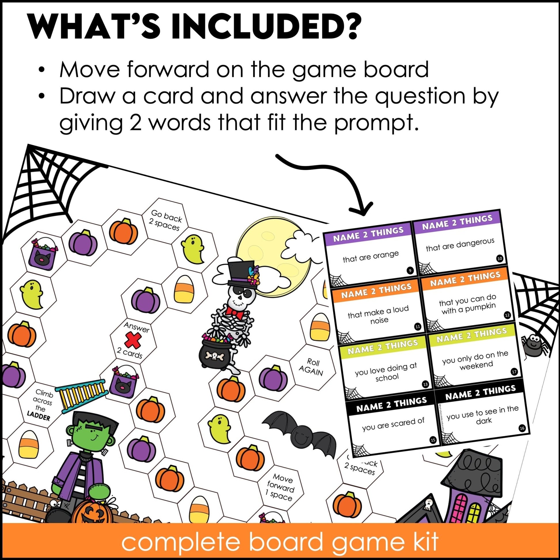 Halloween Board Game : Name 2 Things - Vocabulary Building Activity - Hot Chocolate Teachables