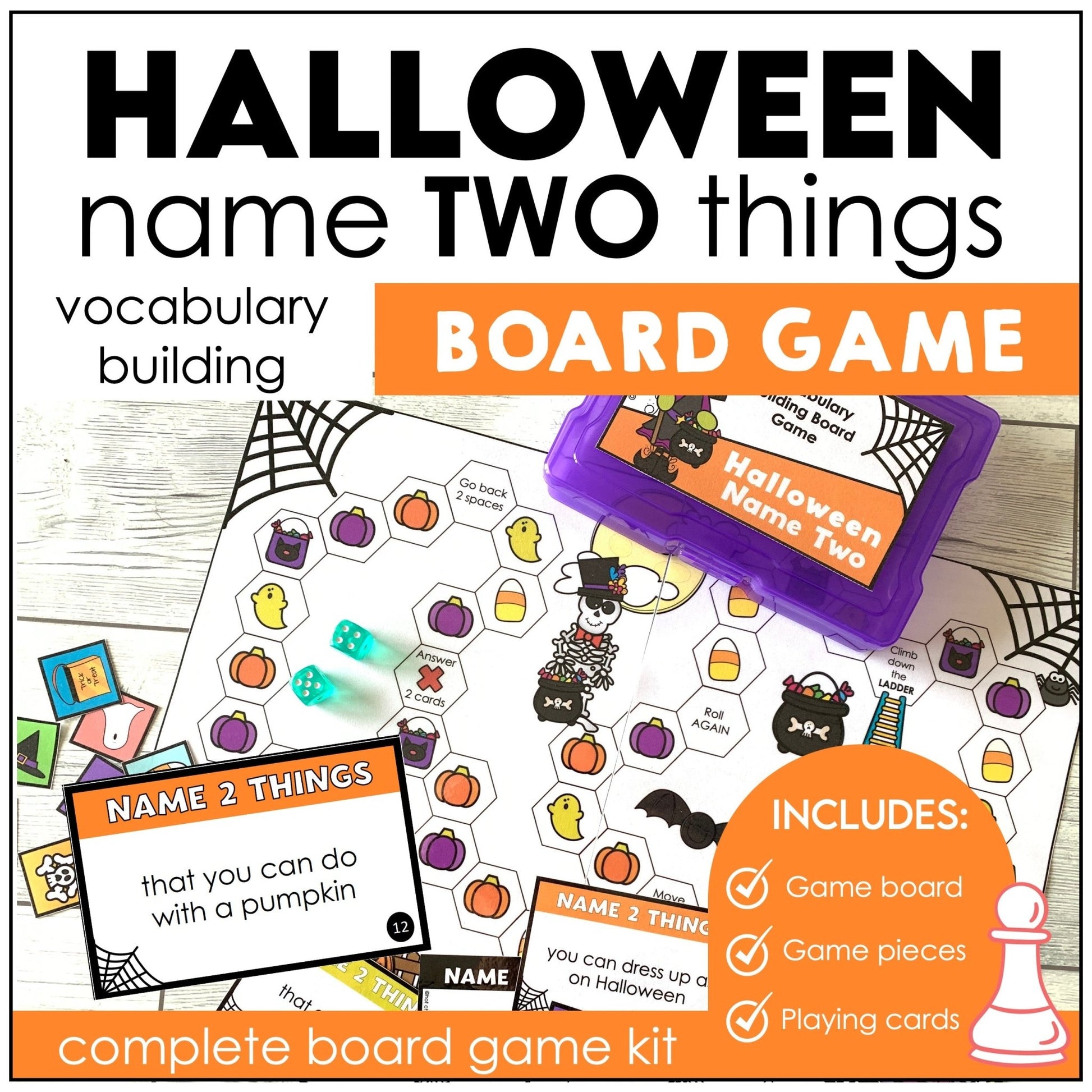 Halloween Board Game : Name 2 Things - Vocabulary Building Activity - Hot Chocolate Teachables