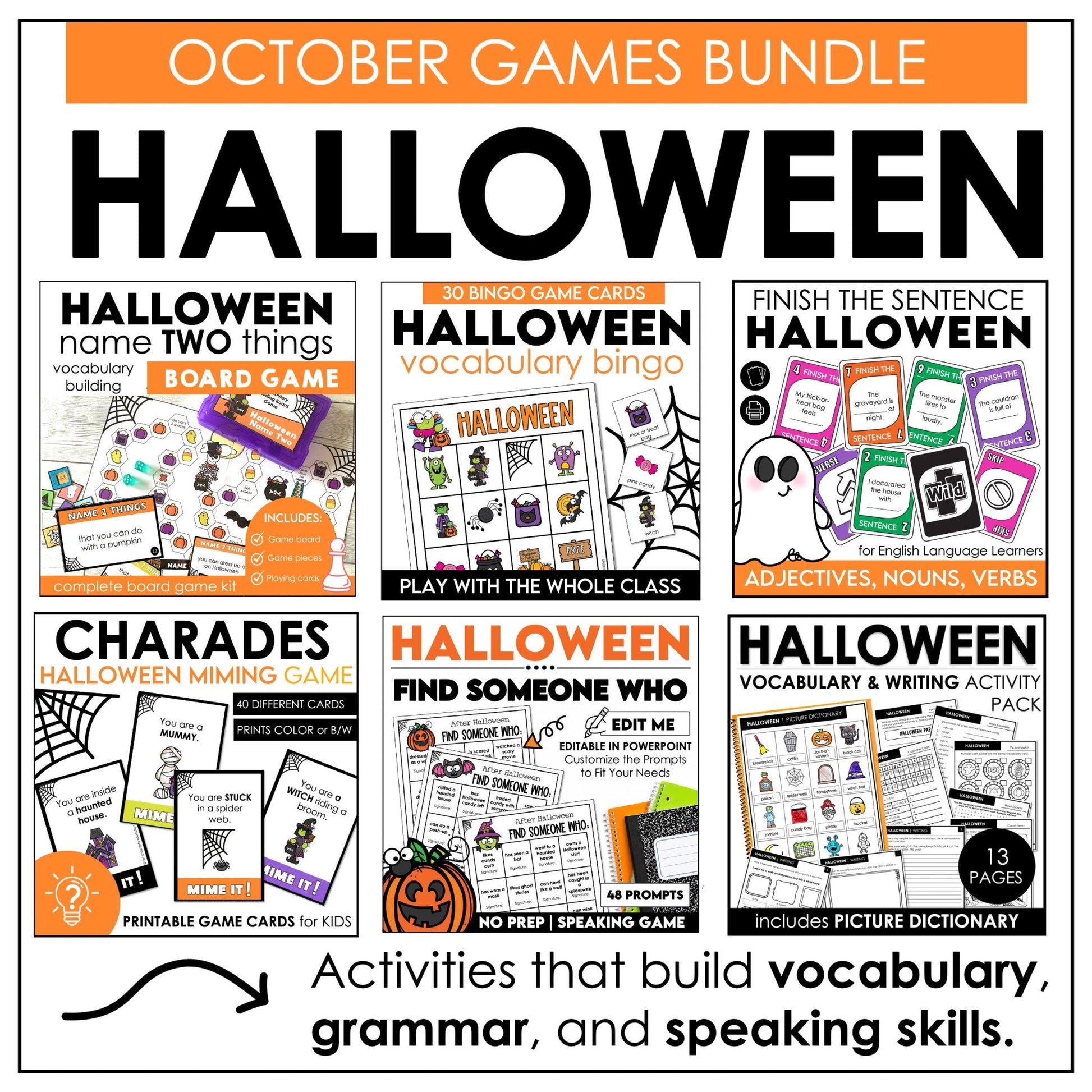 Halloween Games for ELL & ESL | October Grammar & Vocabulary Activities Bundle - Hot Chocolate Teachables