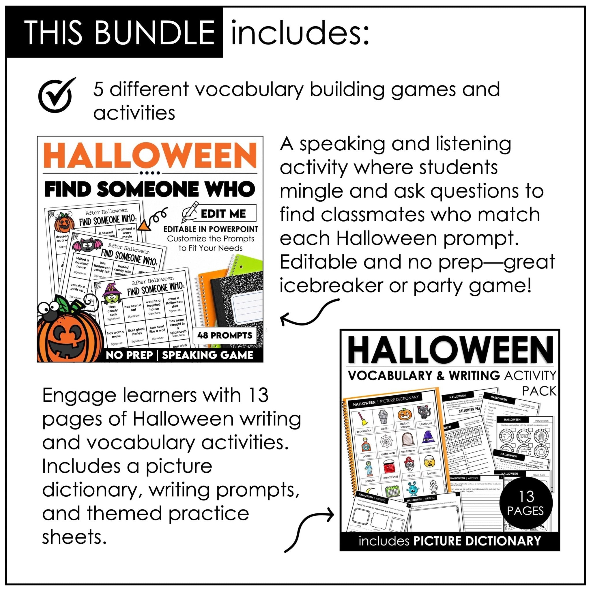Halloween Games for ELL & ESL | October Grammar & Vocabulary Activities Bundle - Hot Chocolate Teachables