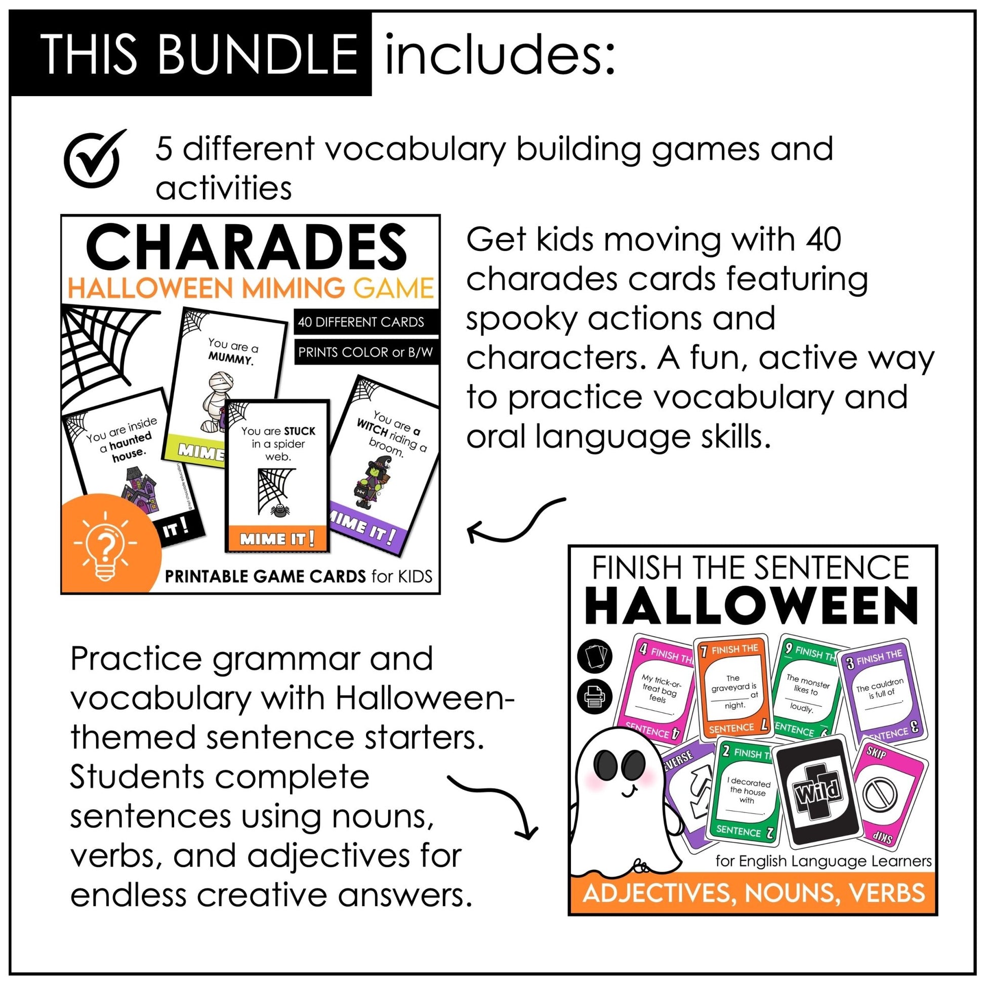 Halloween Games for ELL & ESL | October Grammar & Vocabulary Activities Bundle - Hot Chocolate Teachables