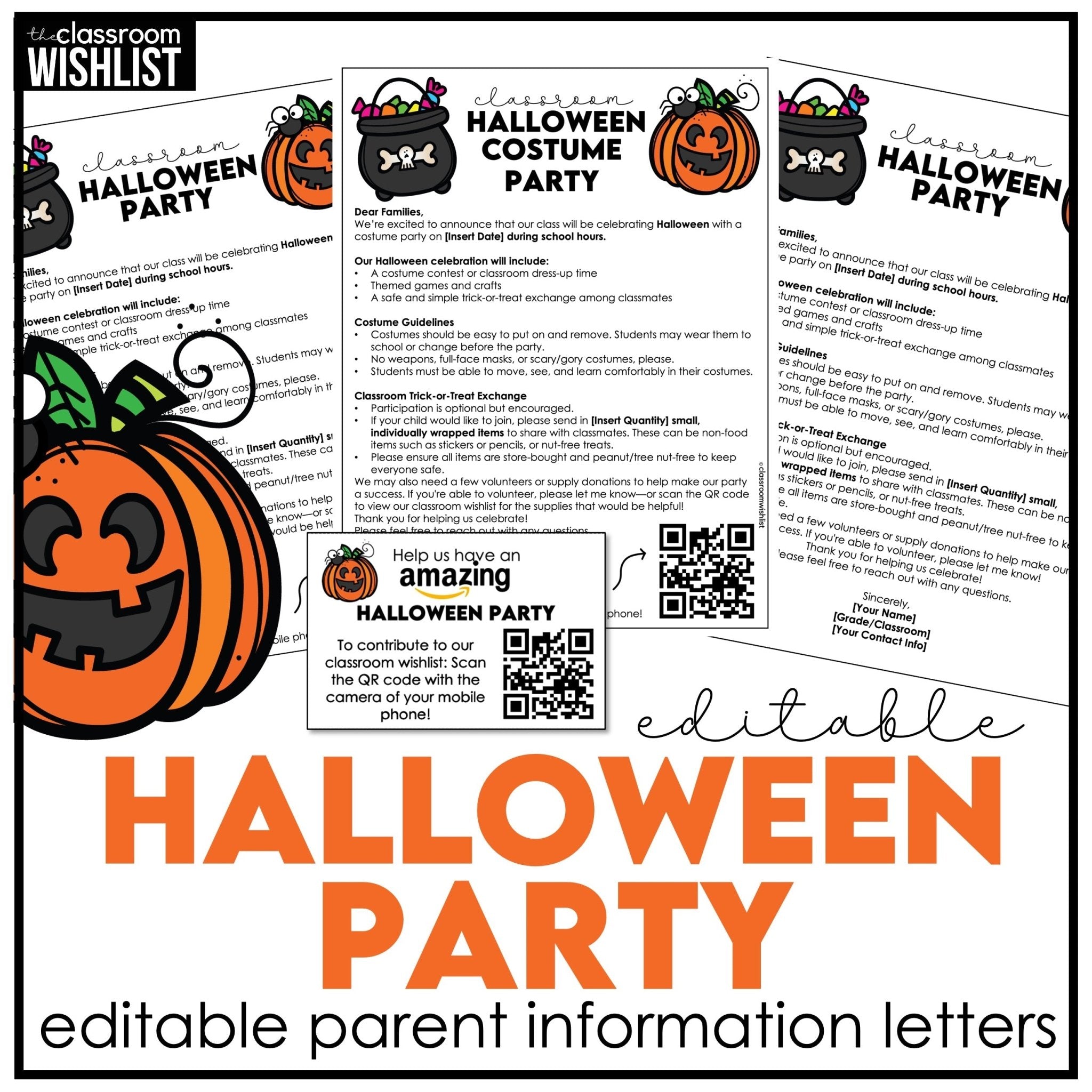 Editable classroom party planning letters for Halloween