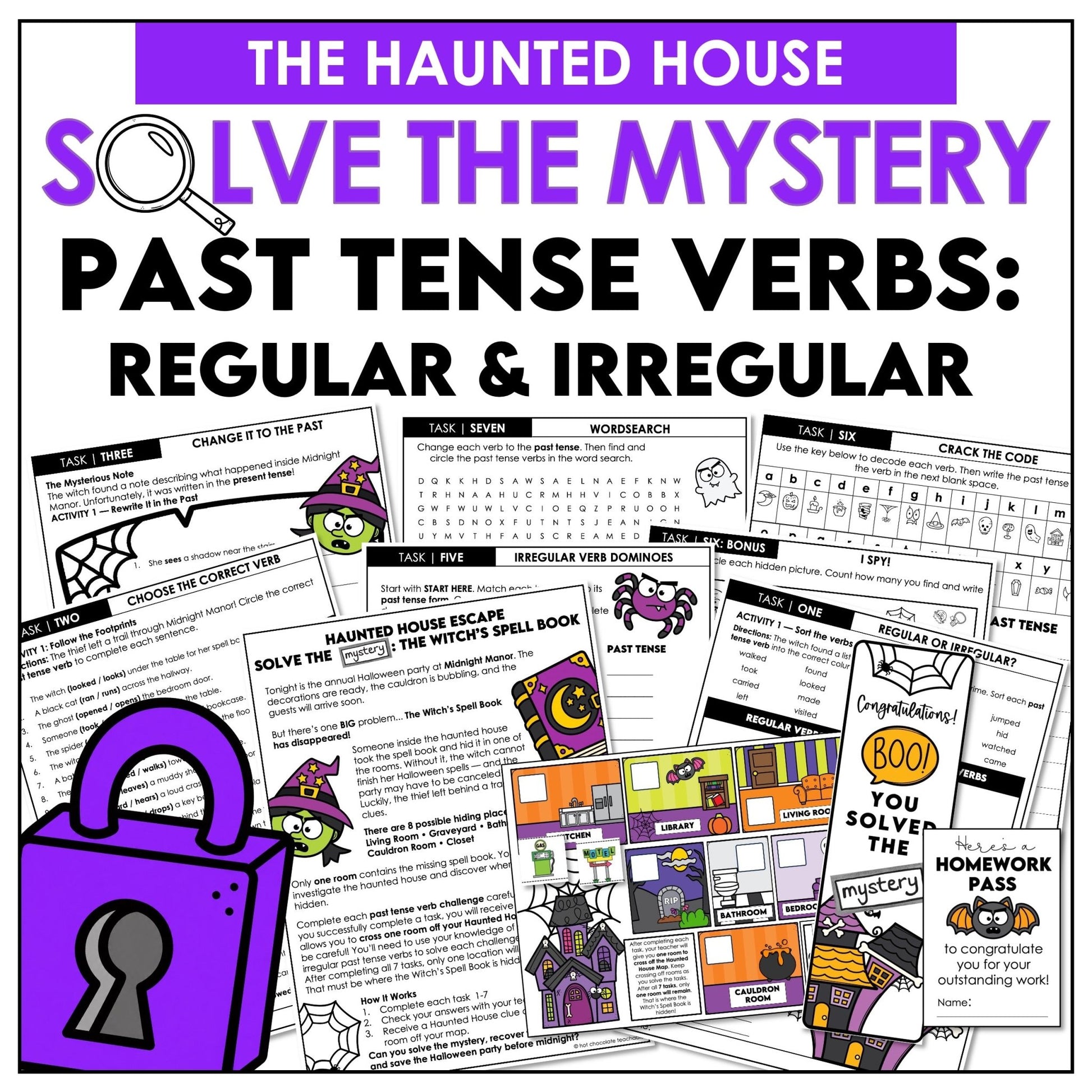 Halloween ESL past tense escape room with regular and irregular verb activities