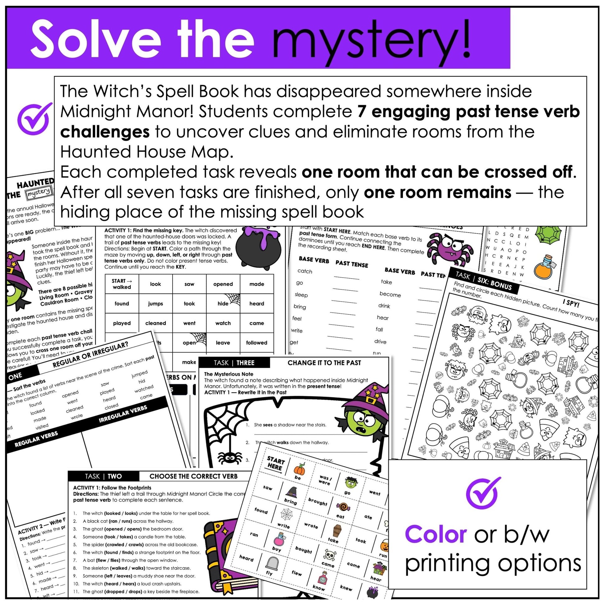Halloween past tense verb mystery with seven grammar challenges for ESL students