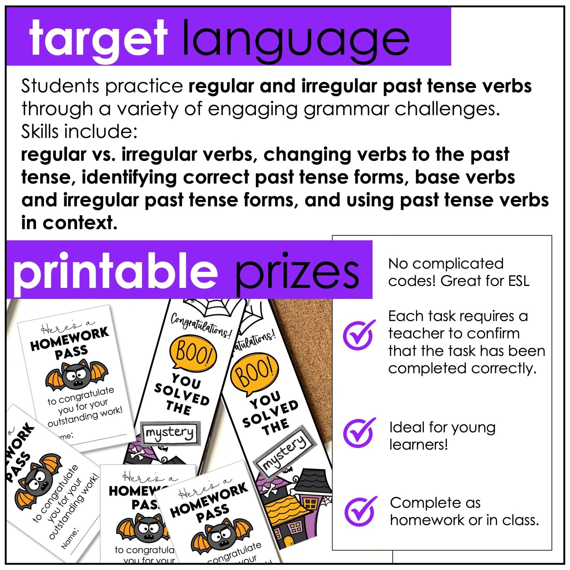 Halloween ESL grammar activity targeting regular and irregular past tense verbs with printable prizes