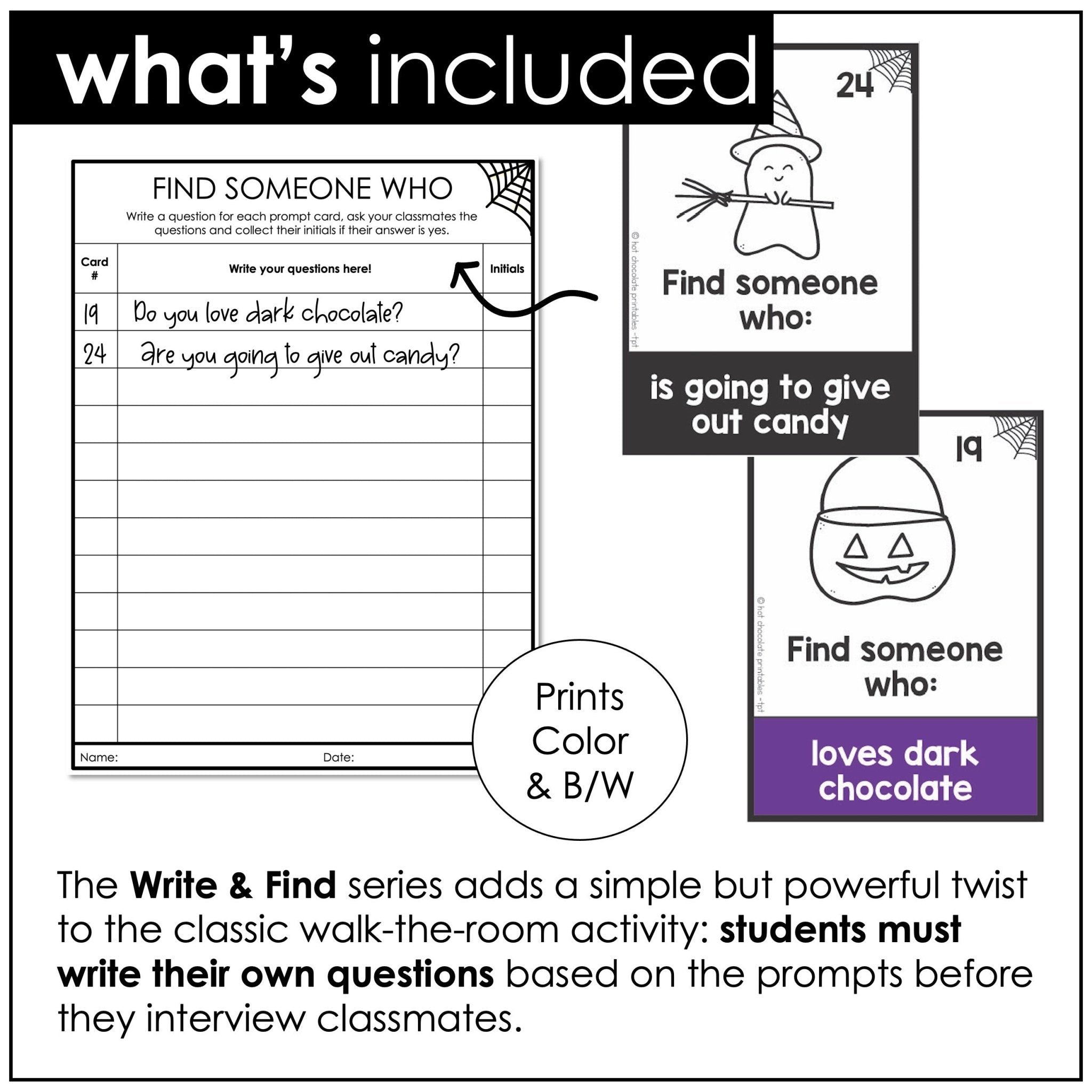 Halloween Speaking Activity - Find Someone Who | Present Tense Questions - Hot Chocolate Teachables