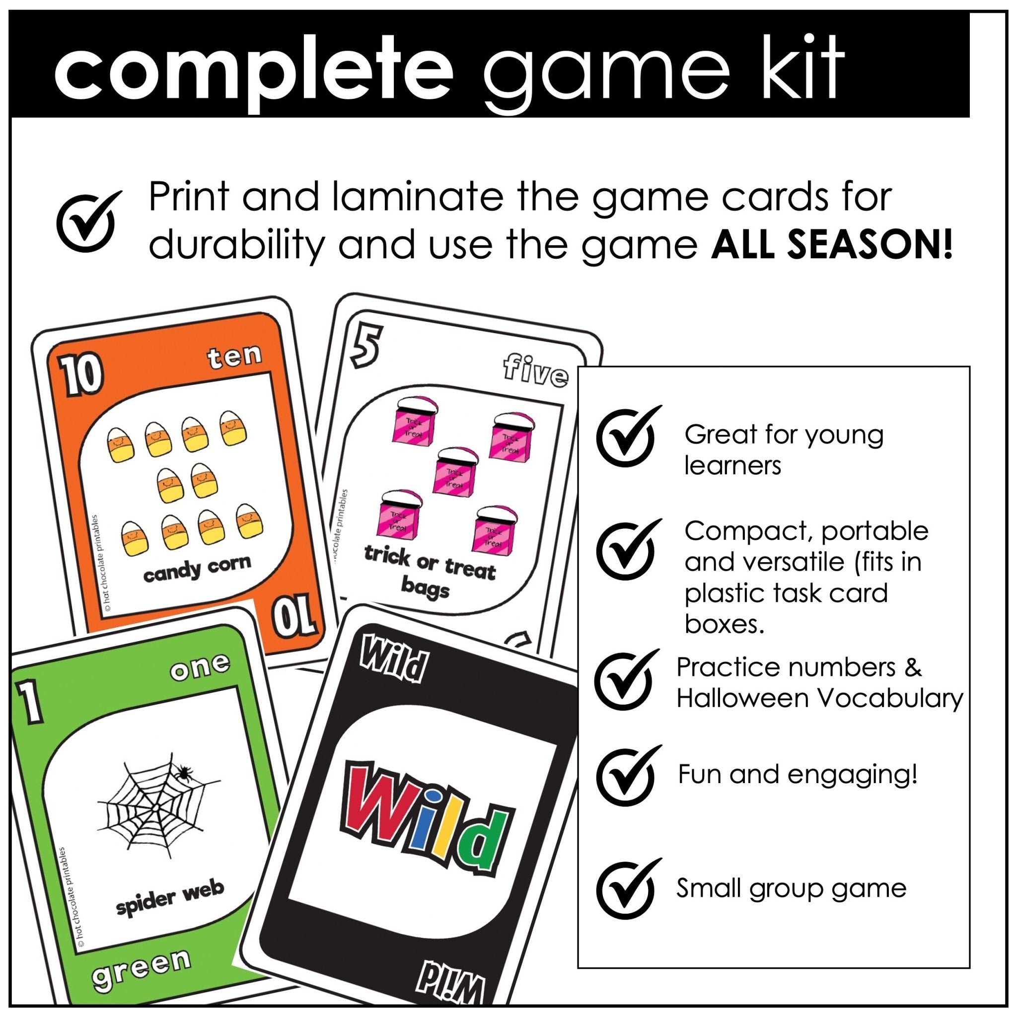 Halloween Vocabulary & Numbers Card Game for ESL – Printable Holiday UNO - Inspired Activity - Hot Chocolate Teachables