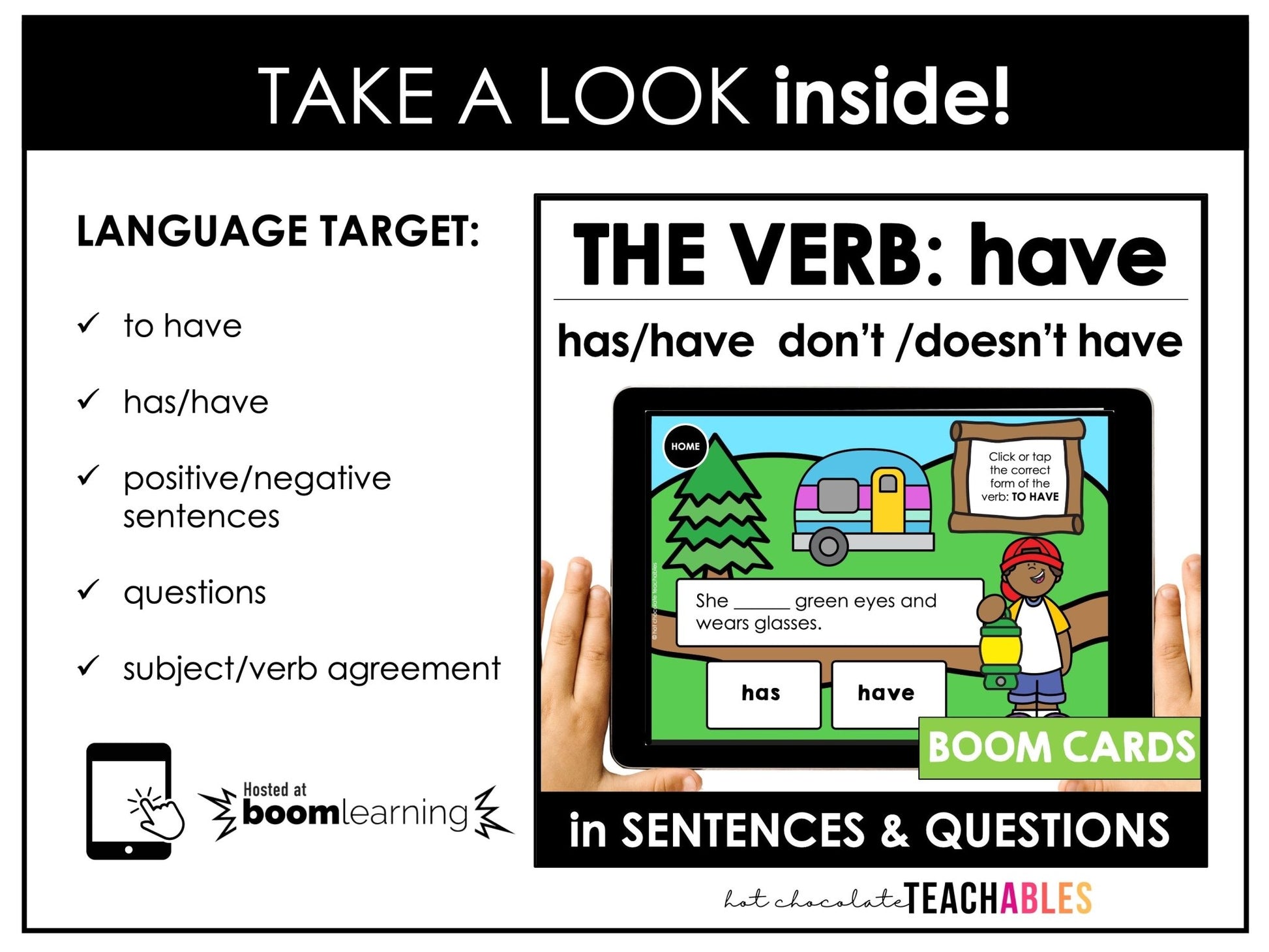 HAS & HAVE - Subject Verb Agreement ESL Boom Cards - Present Simple - Hot Chocolate Teachables