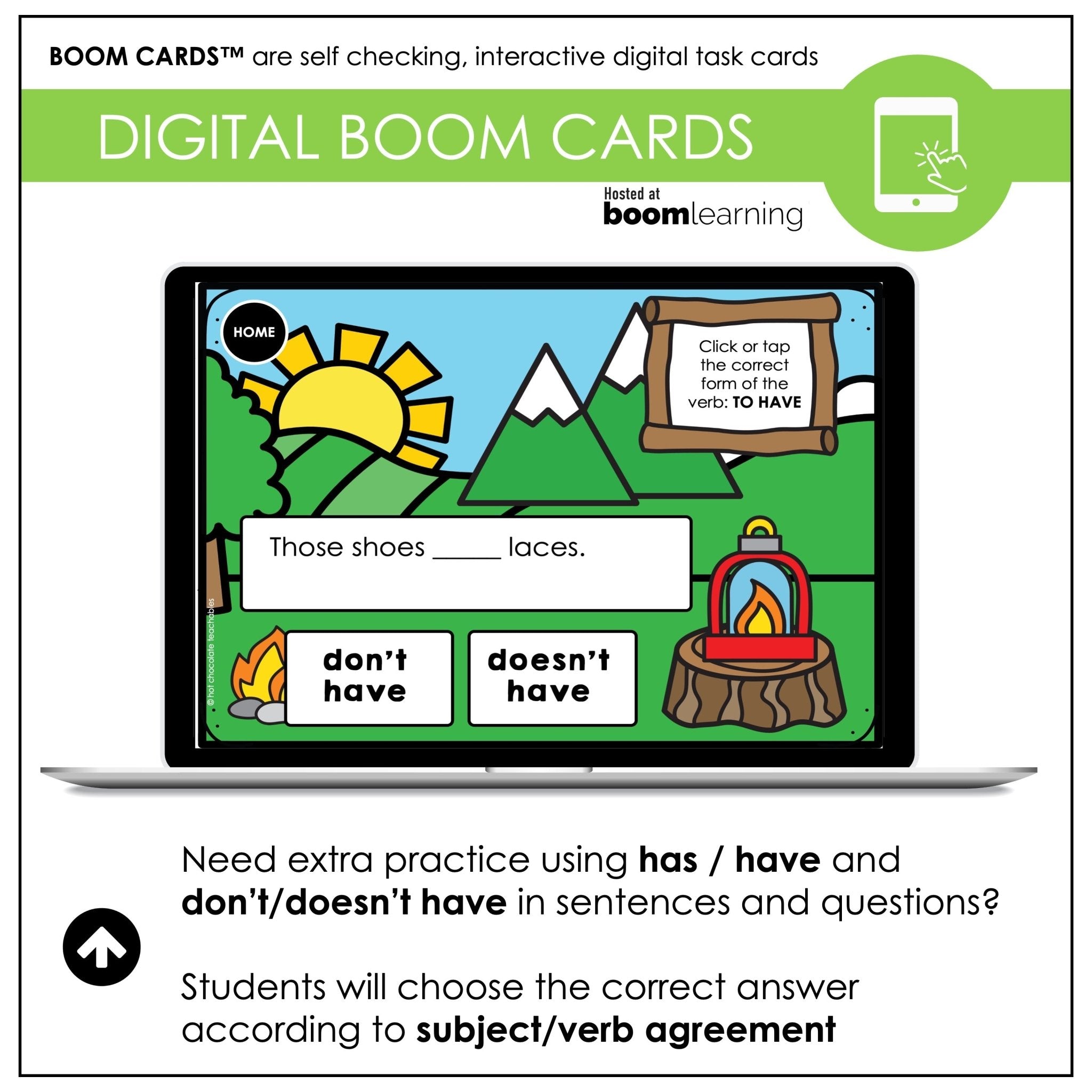 HAS & HAVE - Subject Verb Agreement ESL Boom Cards - Present Simple - Hot Chocolate Teachables