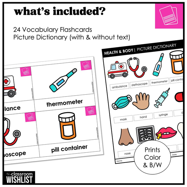 Health & Body Vocabulary Building ESL Flashcard Pack for ESL