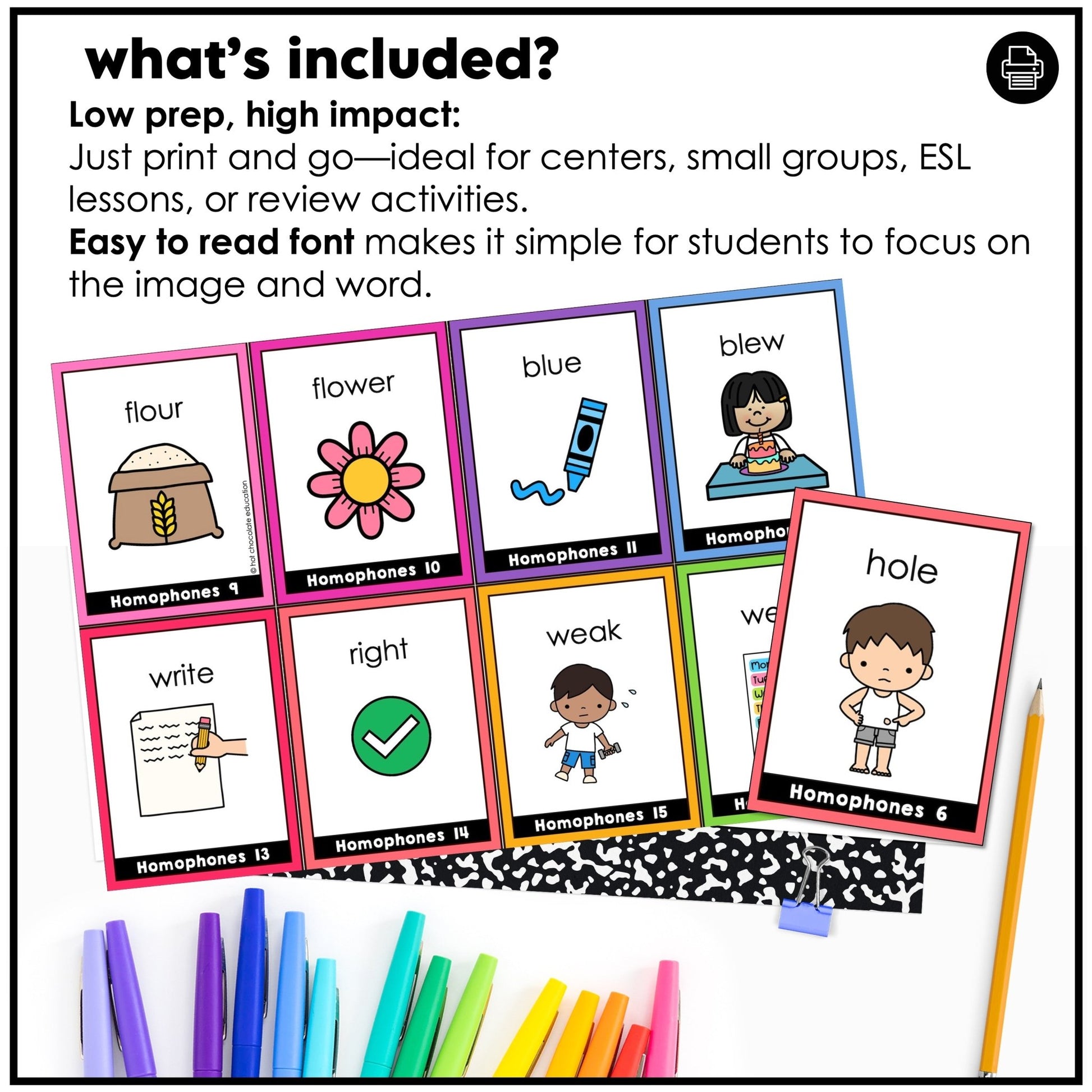 Homophone Identification Flashcards : ESL Vocabulary Task Cards - Flash Cards - Hot Chocolate Teachables