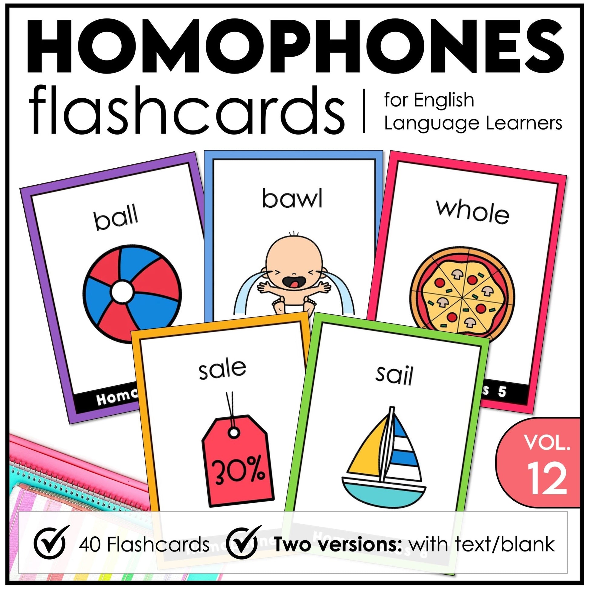 Homophone Identification Flashcards : ESL Vocabulary Task Cards - Flash Cards - Hot Chocolate Teachables