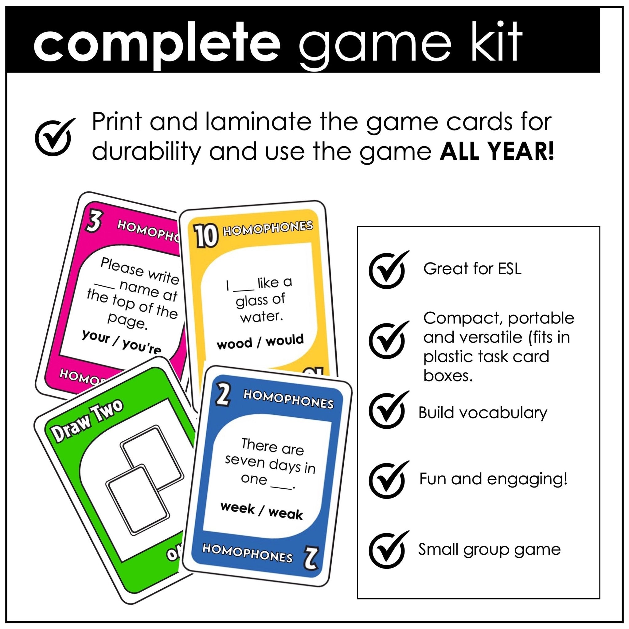 Homophones Card Game | 2nd 3rd 4th Grade ELA Gap Fill Grammar Review - Hot Chocolate Teachables