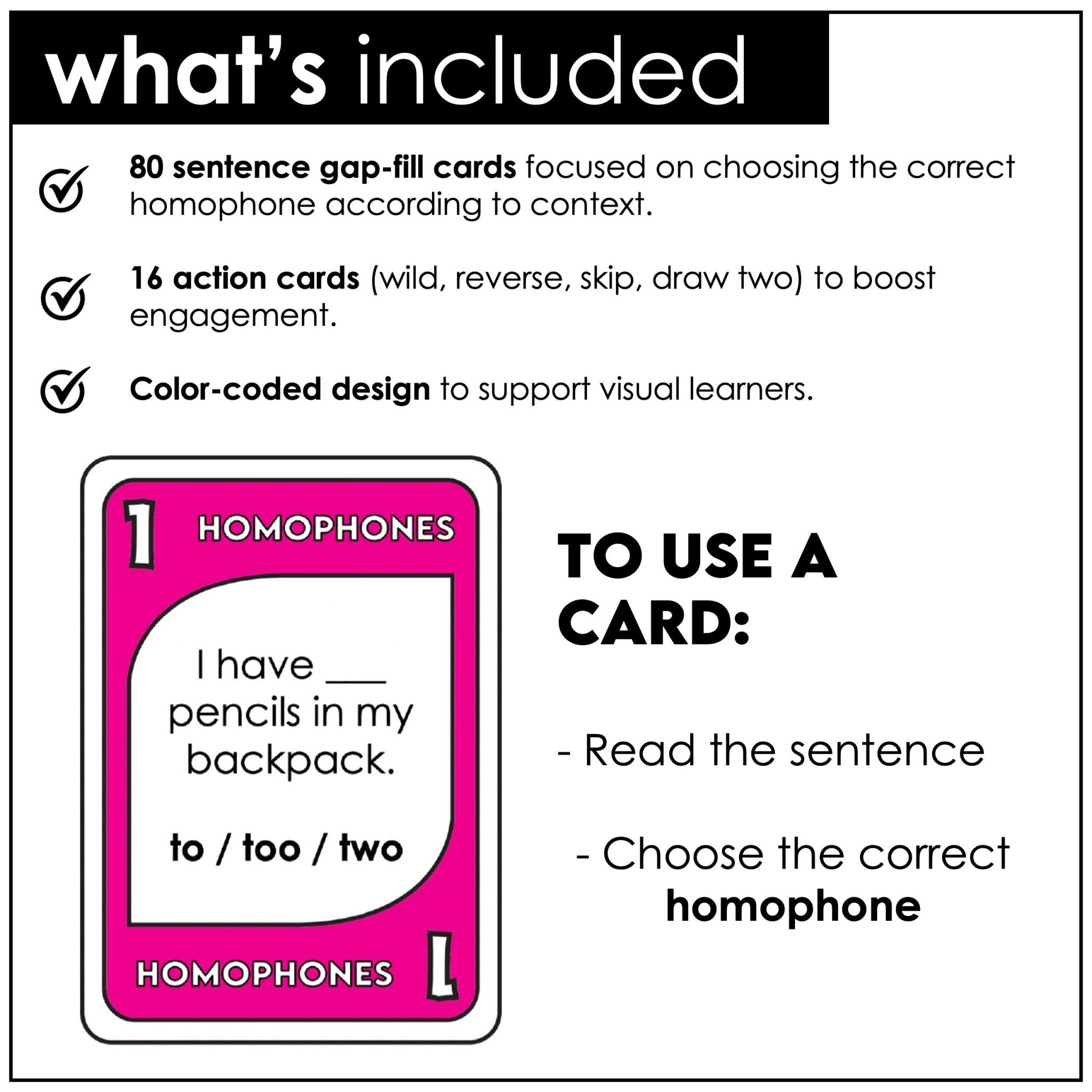Homophones Card Game | 2nd 3rd 4th Grade ELA Gap Fill Grammar Review - Hot Chocolate Teachables