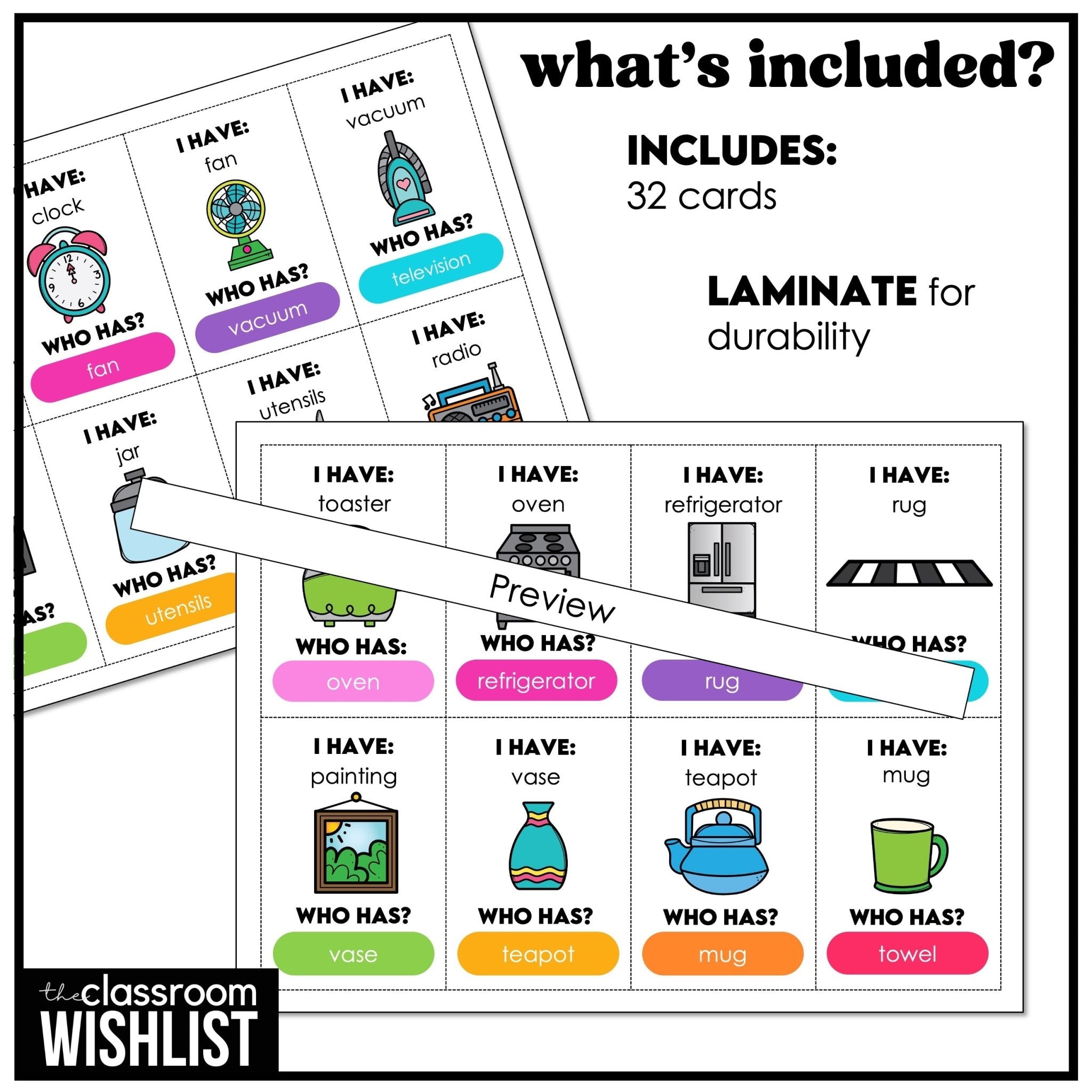 Household Objects - I Have, Who Has? | Things in a House Vocabulary Card Game - Hot Chocolate Teachables