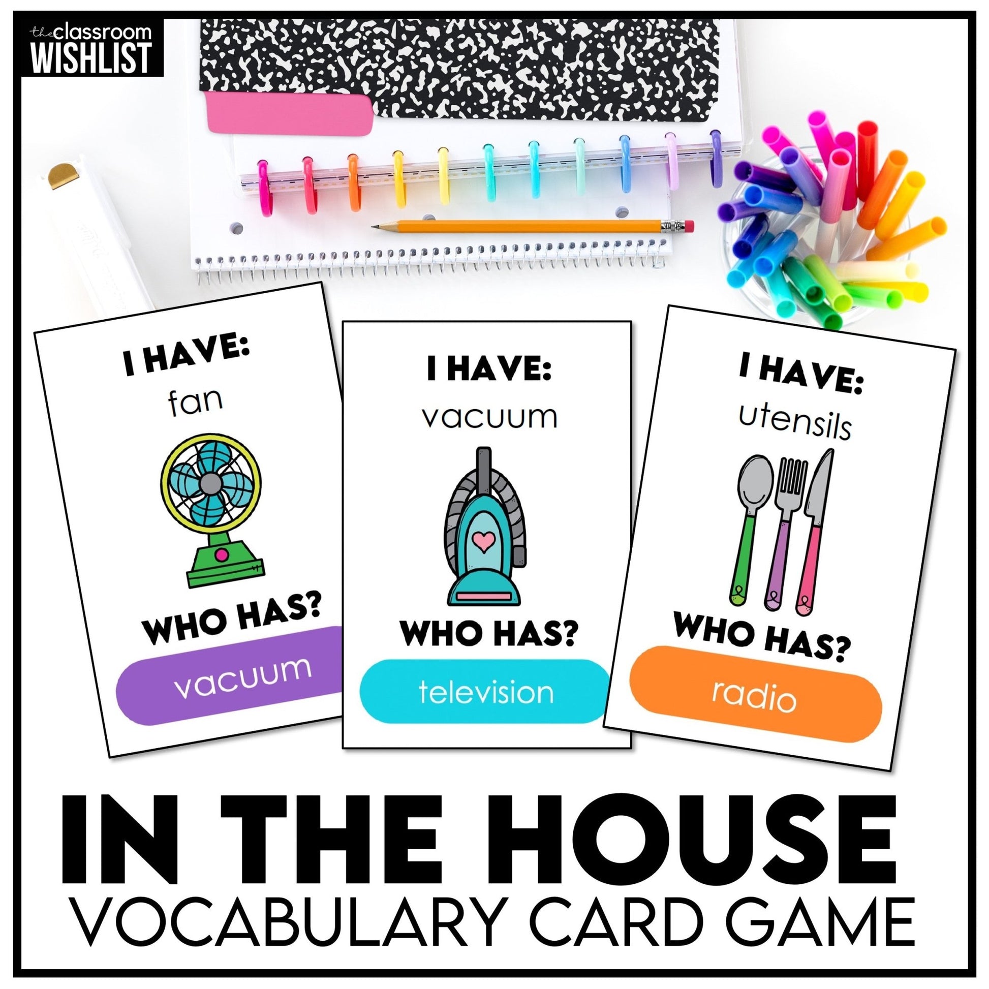 Household Objects - I Have, Who Has? | Things in a House Vocabulary Card Game - Hot Chocolate Teachables