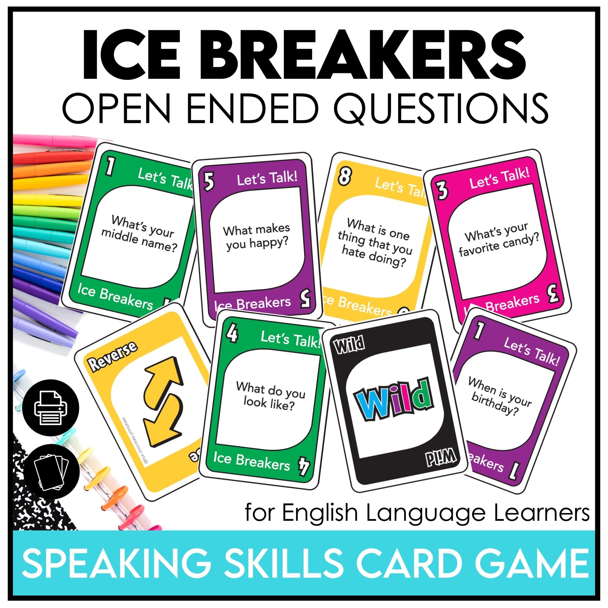Ice breaker card game with open-ended questions for ESL speaking practice