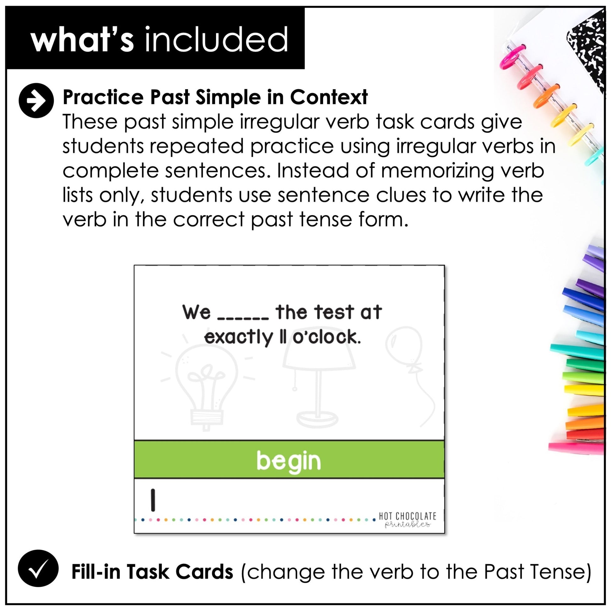 Irregular Verbs - Past Simple Task Cards - Hot Chocolate Teachables