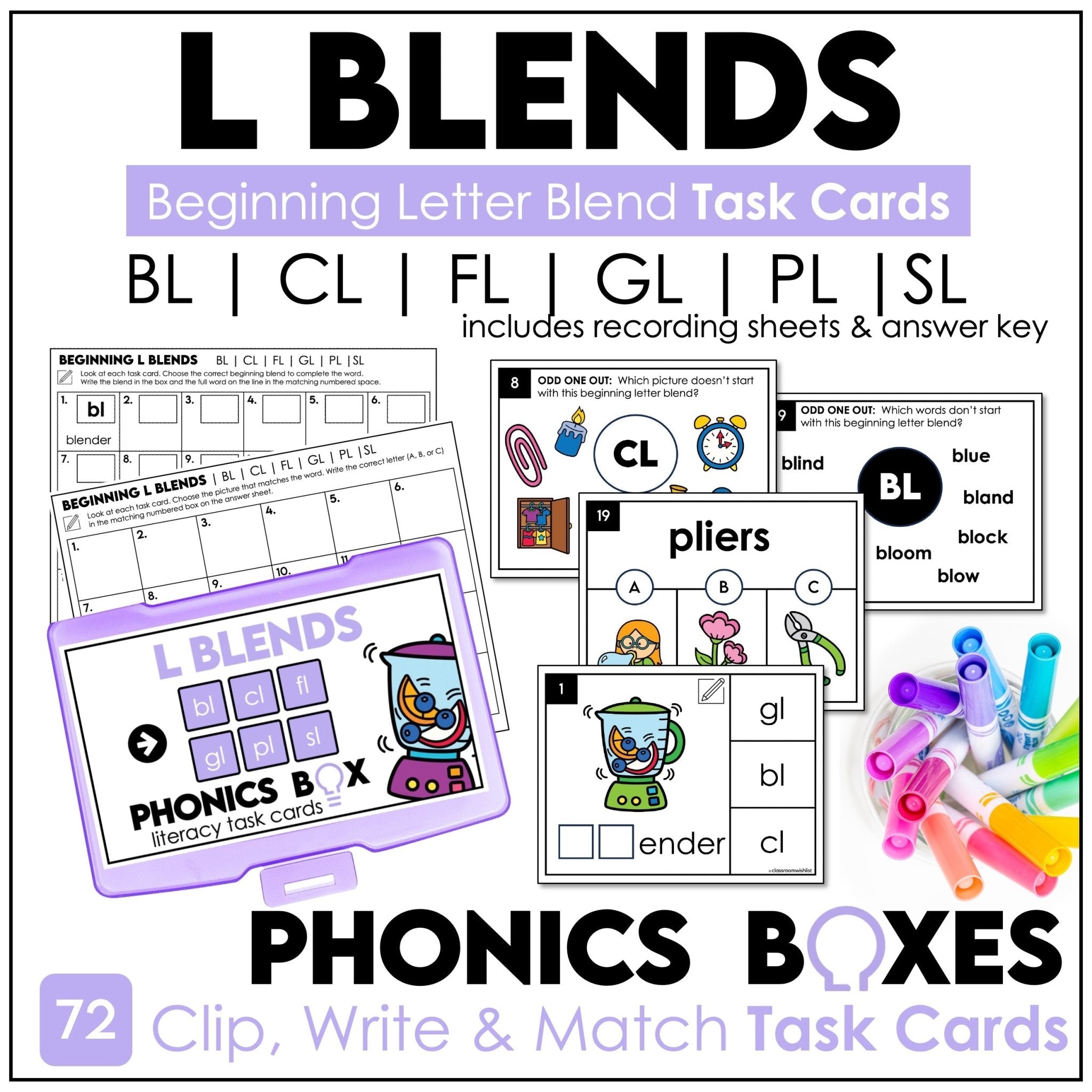 L blends phonics clip cards and task cards for first grade beginning blends practice