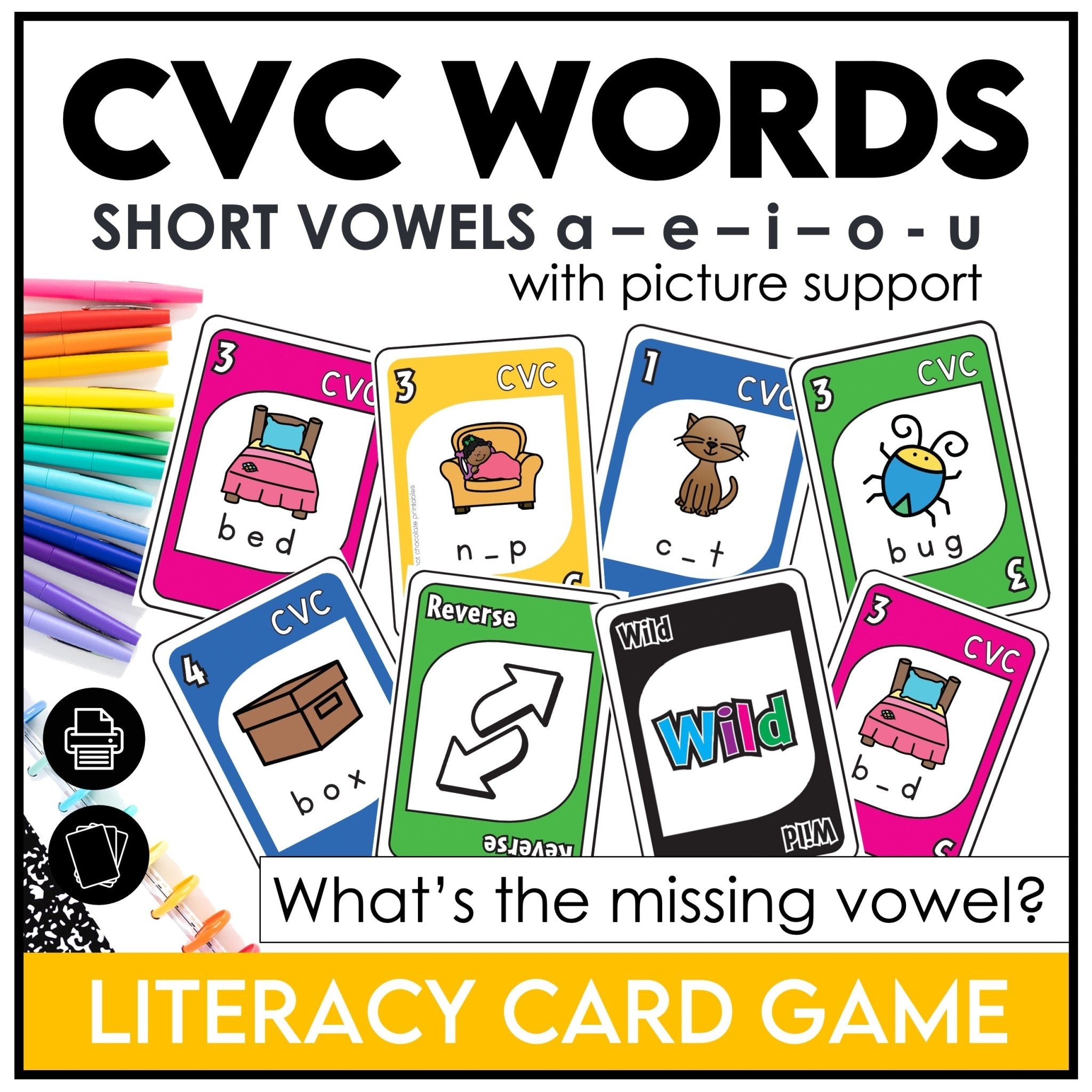 Literacy Card Game: CVC words Short A - E - I - O - U with image and missing vowel - Hot Chocolate Teachables