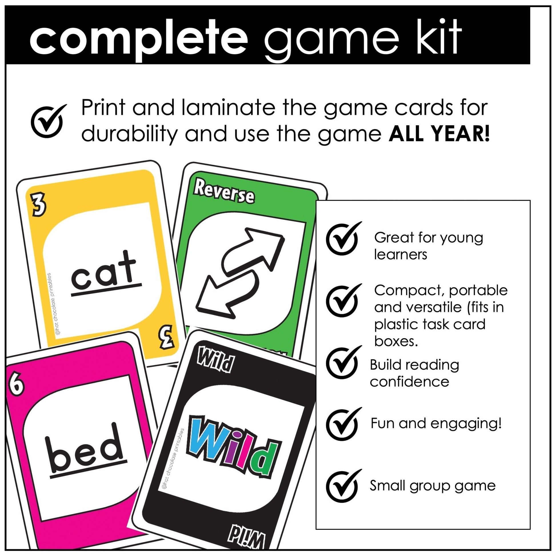 Literacy Card Game for CVC short vowels a - e - i - o - u: Plays like UNO! - Hot Chocolate Teachables
