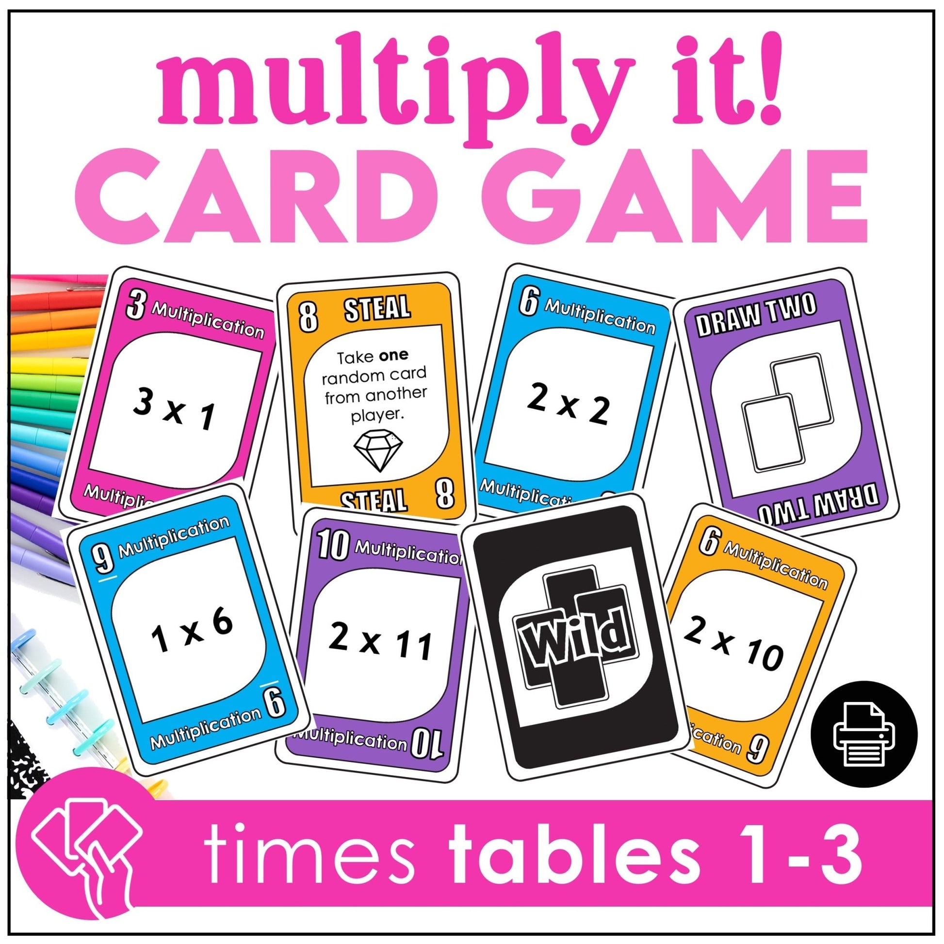Multiplication Card Game | Times Tables 1 - 3 | Math Fact Fluency Practice - Hot Chocolate Teachables