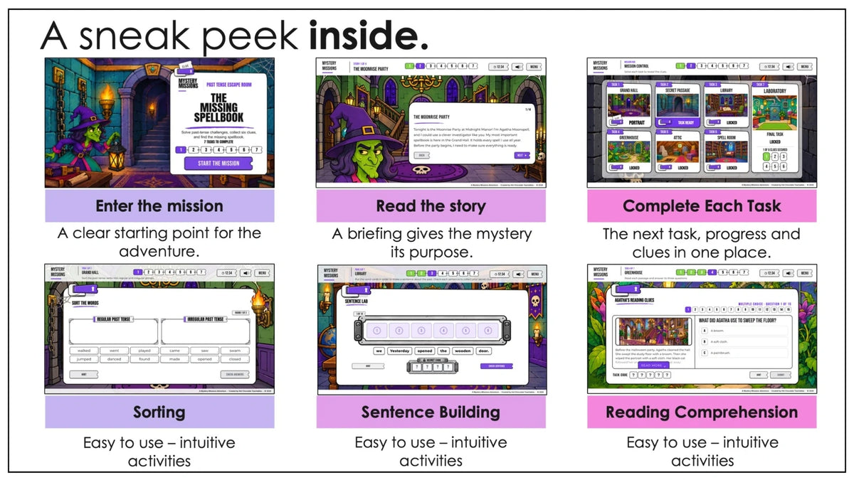 Halloween past tense mission screens showing the story, mission hub, sorting and sentence activities