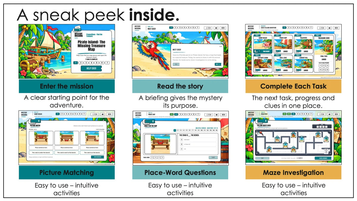 Pirate Island mission screens showing Coco, picture matching, place-word questions and a maze