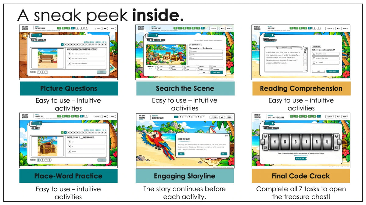 Pirate Island reading and scene investigation activities for prepositions of place