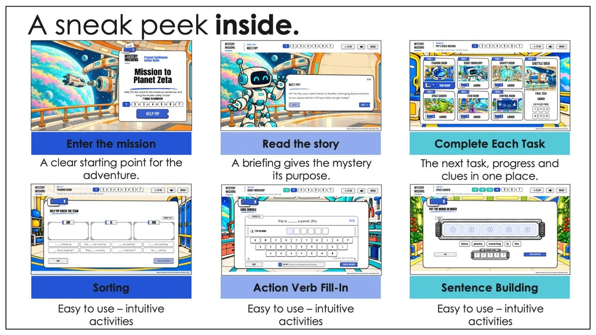 Planet Zeta mission screens with present continuous sorting, action verbs and sentence building