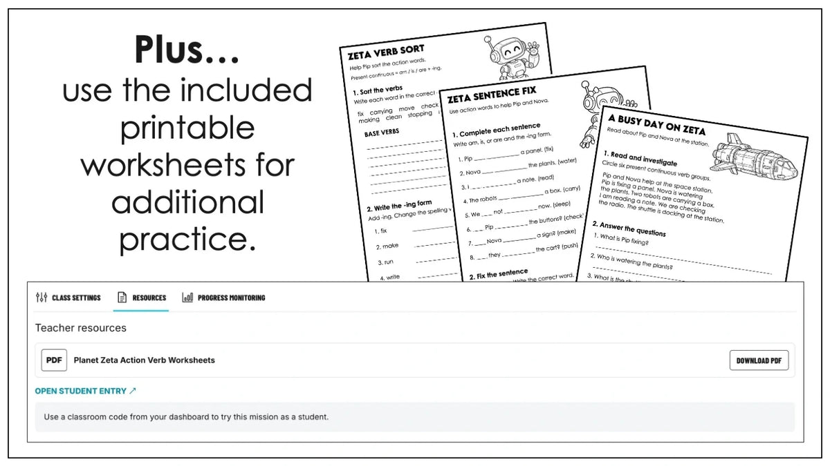Three printable Planet Zeta present continuous worksheets featuring Pip, Nova and a shuttle