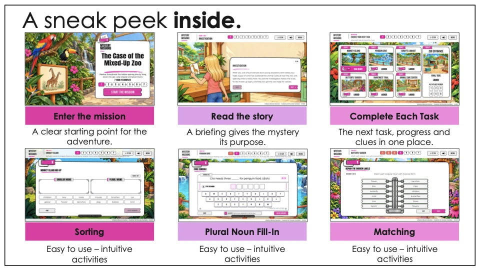 Mixed-Up Zoo mission screens with plural noun sorting, fill-in sentences and matching
