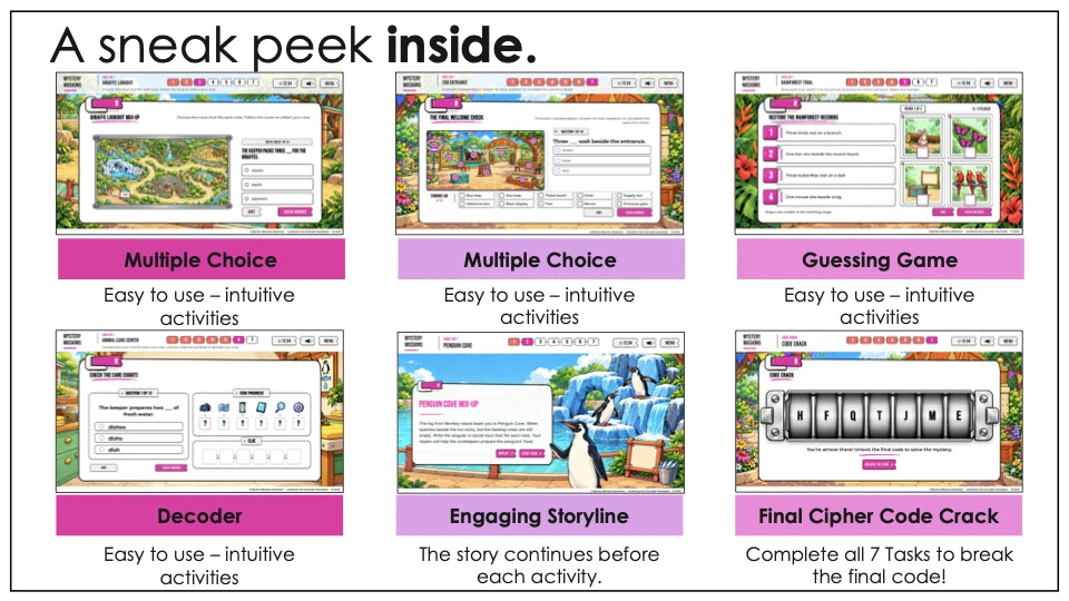 Zoo Mystery plural noun activities with picture clues, questions and a decoder