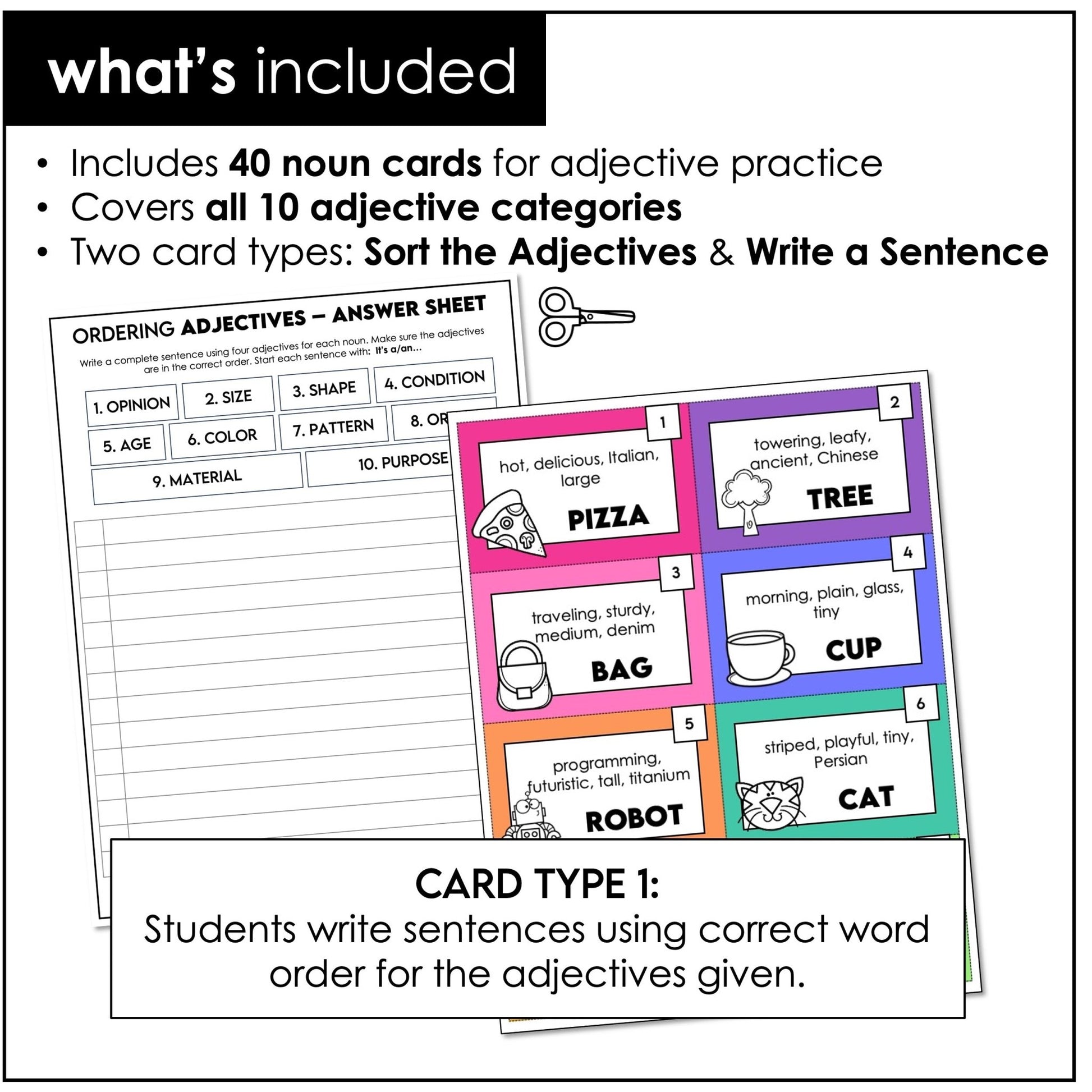 Ordering Adjectives & Sentence Building Cards – ESL Grammar Sort & Writing Activity - Hot Chocolate Teachables