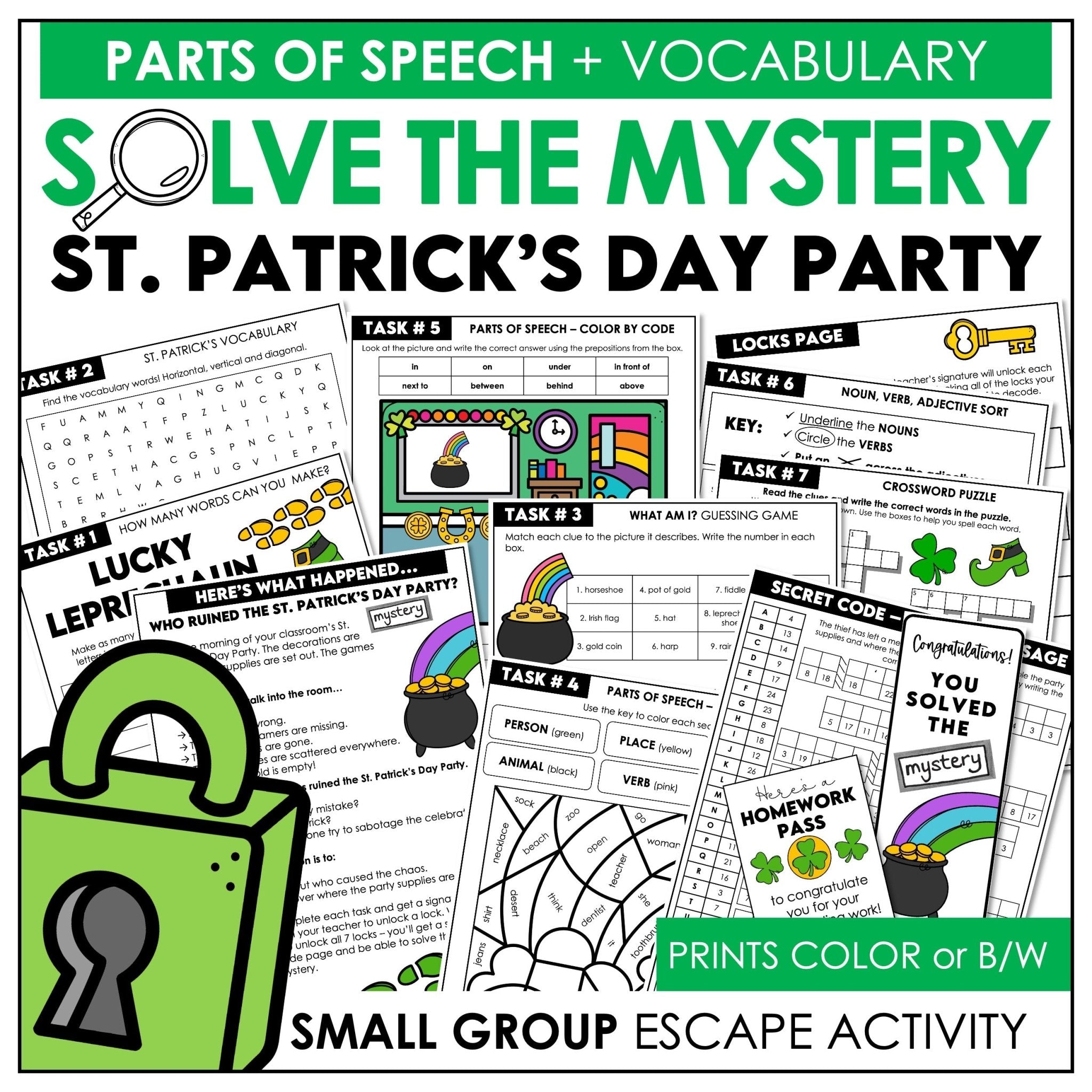 St. Patrick’s Day parts of speech escape room solve the mystery activity cover