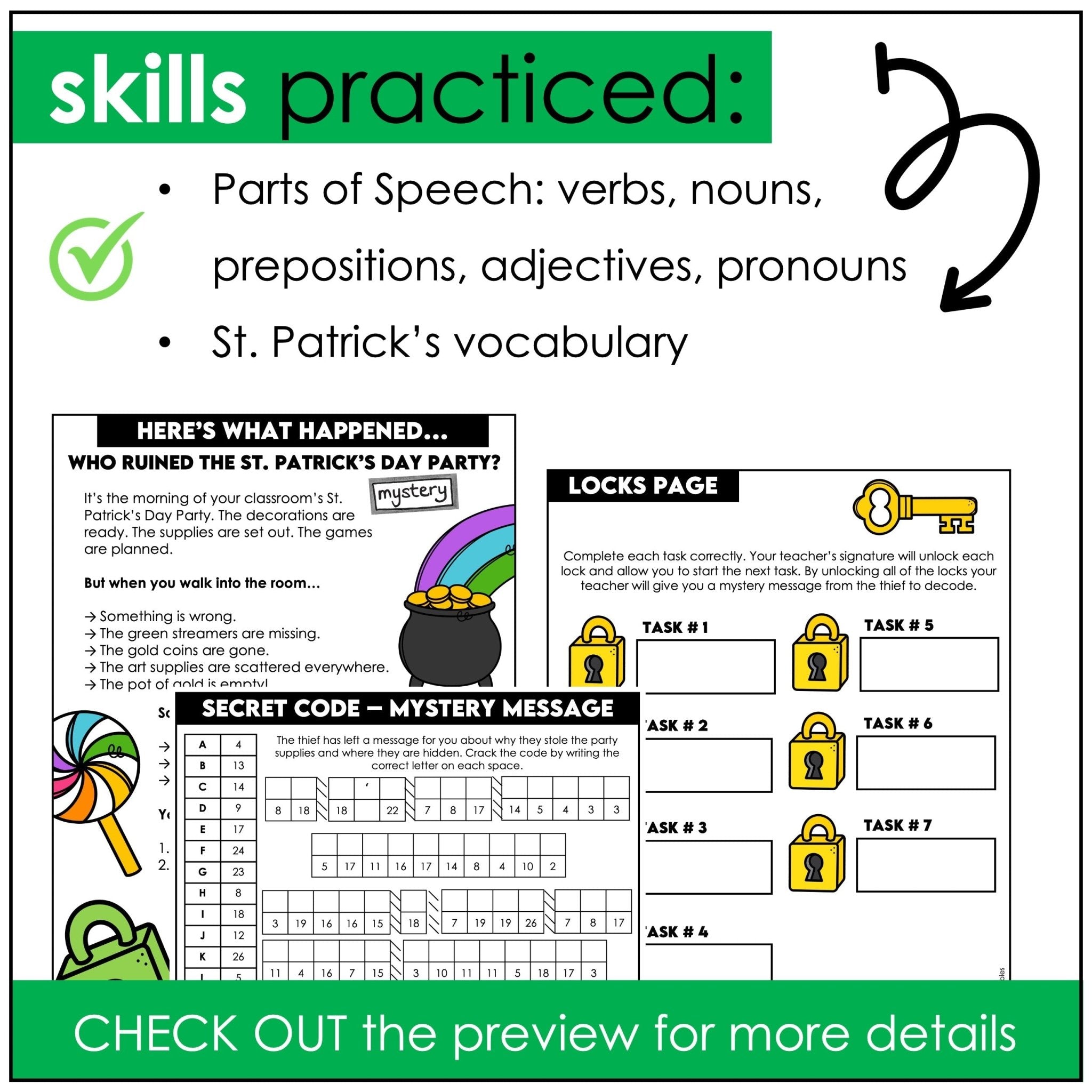 Parts of Speech Escape Room – St. Patrick’s Day Mystery Activity - Hot Chocolate Teachables
