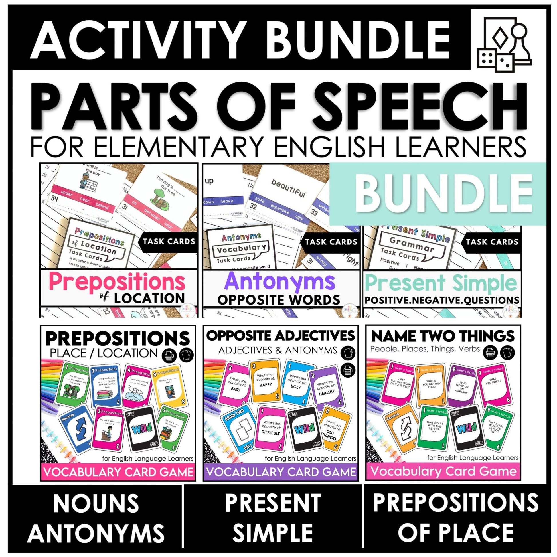 Parts of Speech: Games & Task Card Bundle | Nouns, Verb, Adjective, Preposition - Hot Chocolate Teachables