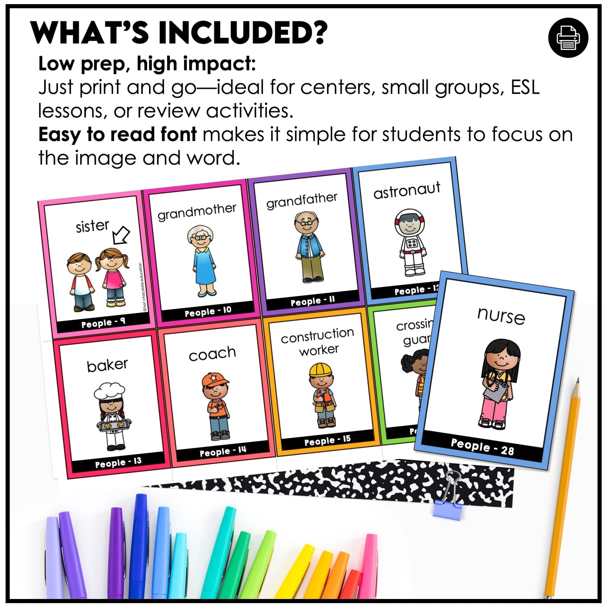 People Flashcards: Jobs & Family Vocabulary ESL Task Cards - Flash Cards - Hot Chocolate Teachables