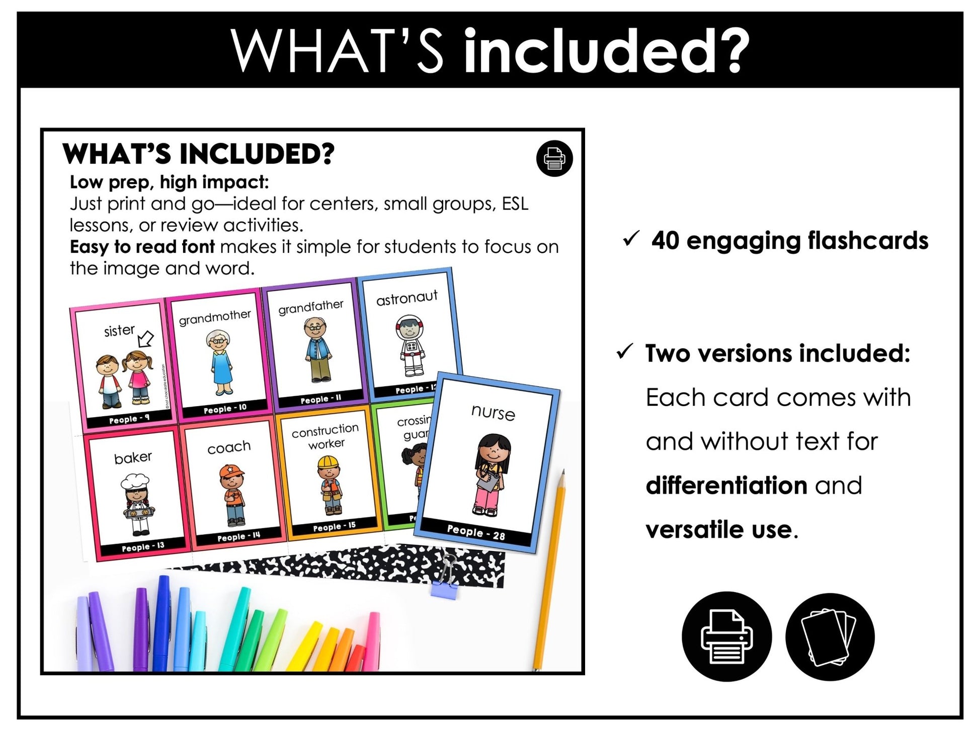 People Flashcards: Jobs & Family Vocabulary ESL Task Cards - Flash Cards - Hot Chocolate Teachables