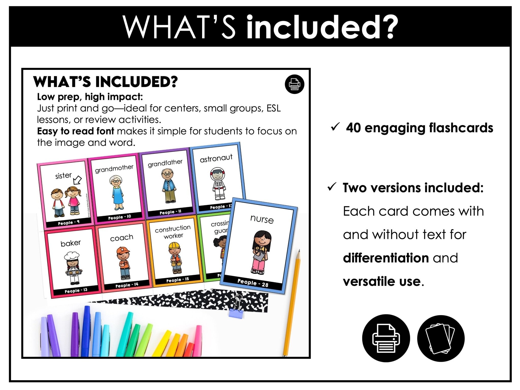 People Flashcards: Jobs & Family Vocabulary ESL Task Cards - Flash Cards - Hot Chocolate Teachables